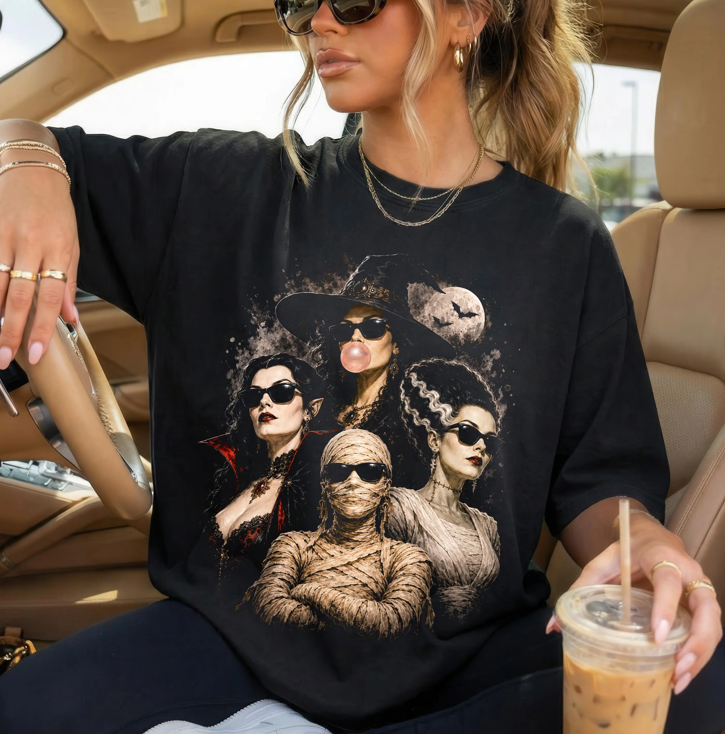 Comfort Colors Halloween Girls Monster Squad Shirt, Retro Horror Witch Vampire Bride Mummy Graphic Tee