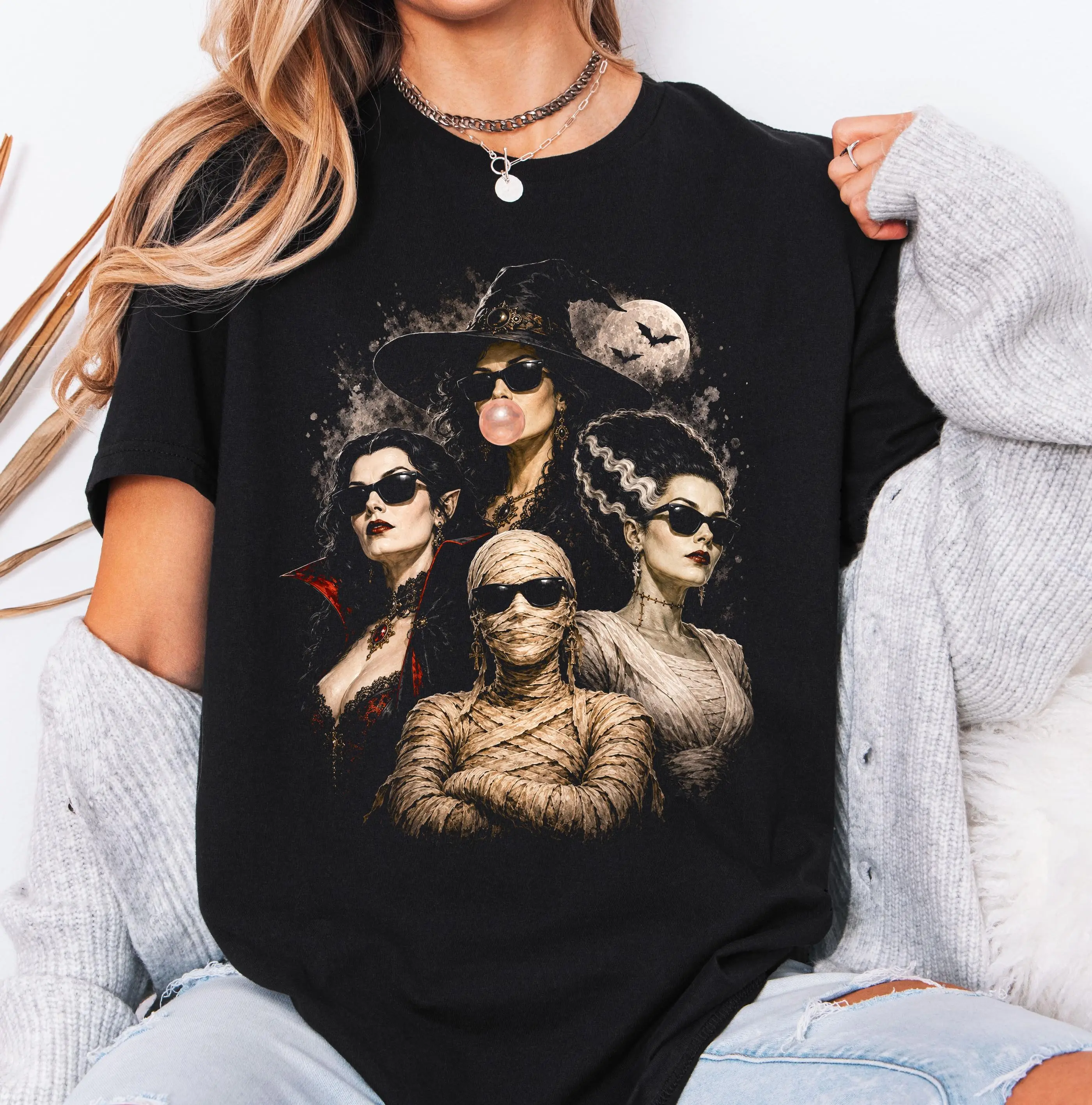 Comfort Colors Halloween Girls Monster Squad Shirt, Retro Horror Witch Vampire Bride Mummy Graphic Tee - photo 2