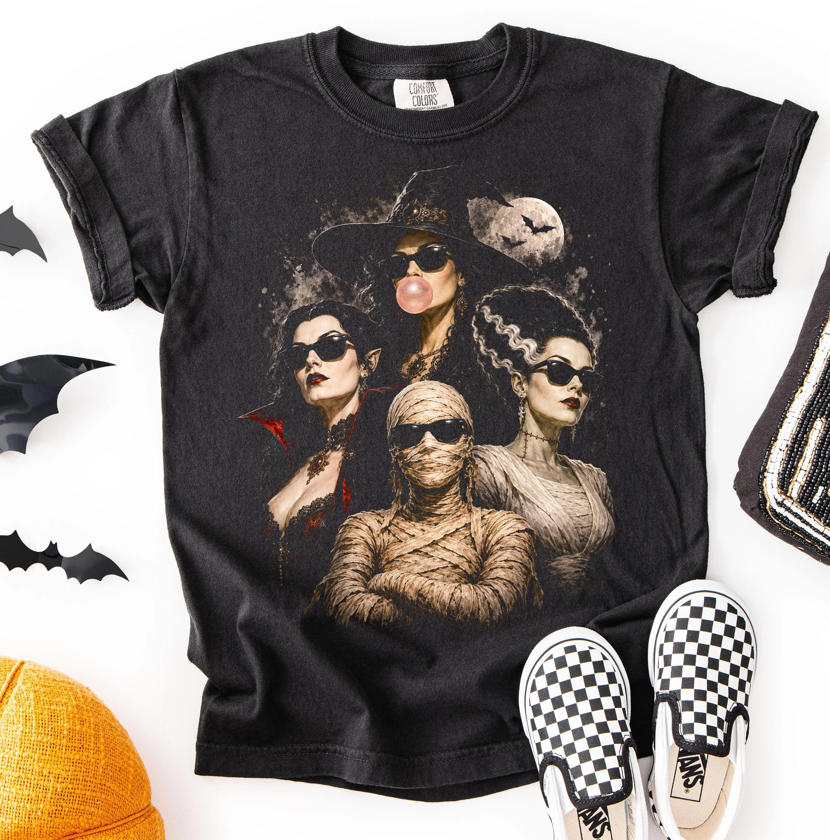 Comfort Colors Halloween Girls Monster Squad Shirt, Retro Horror Witch Vampire Bride Mummy Graphic Tee - photo 3