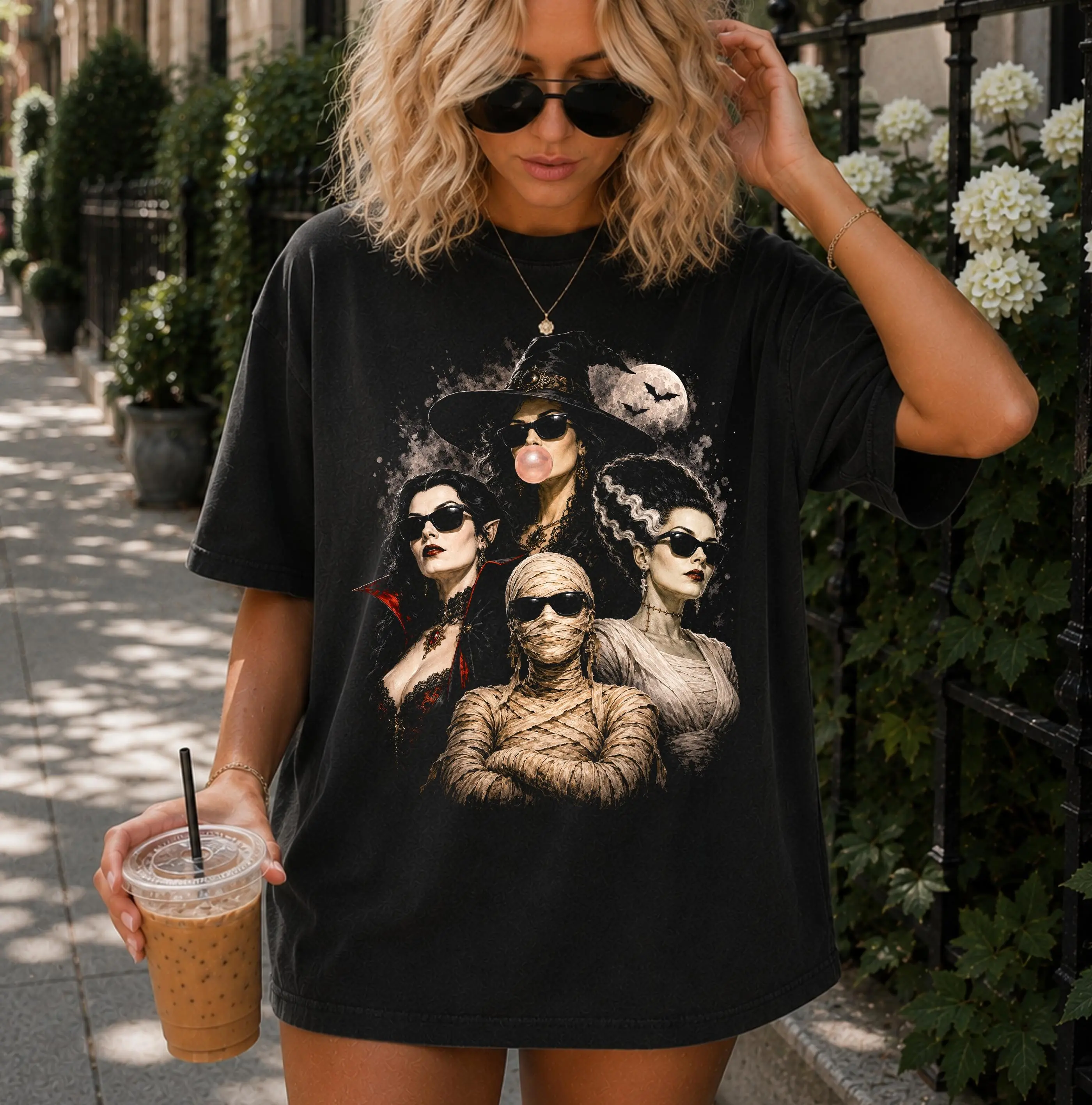 Comfort Colors Halloween Girls Monster Squad Shirt, Retro Horror Witch Vampire Bride Mummy Graphic Tee - photo 4