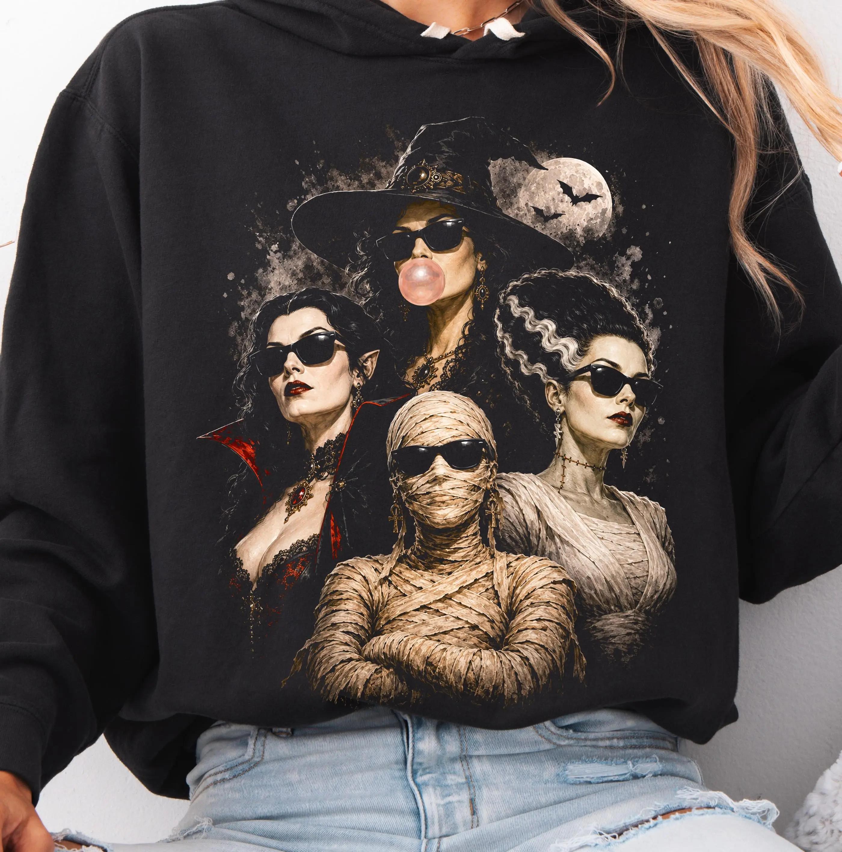 Comfort Colors Halloween Girls Monster Squad Shirt, Retro Horror Witch Vampire Bride Mummy Graphic Tee - photo 5