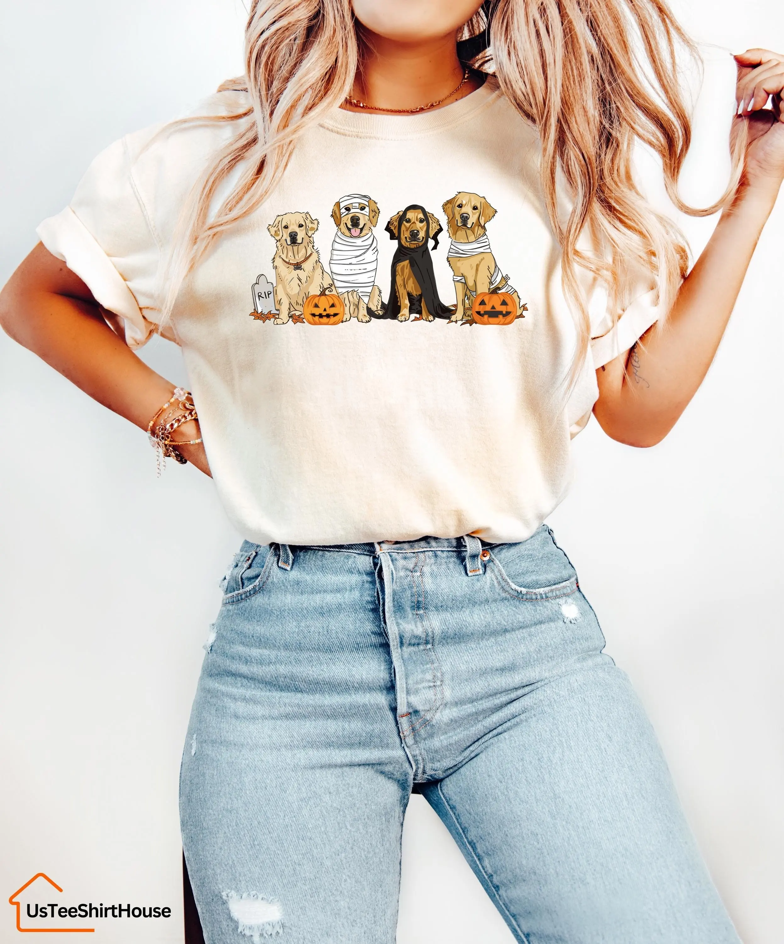 Comfort Colors Halloween Golden Retriever Shirt, Cute Dog Graphic Tee, Spooky Season Lover Gift - photo 4