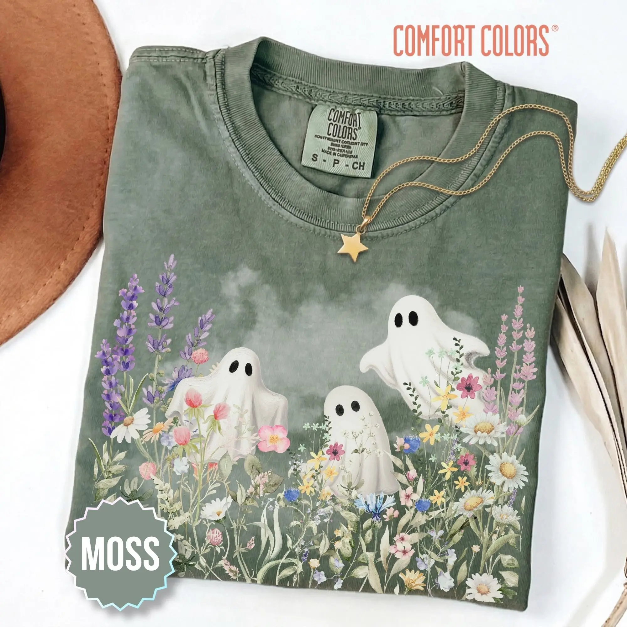 Comfort Colors Cute Ghost With Wildflower Halloween Shirt, Whimsical Nature Garden Lover Graphic Tee