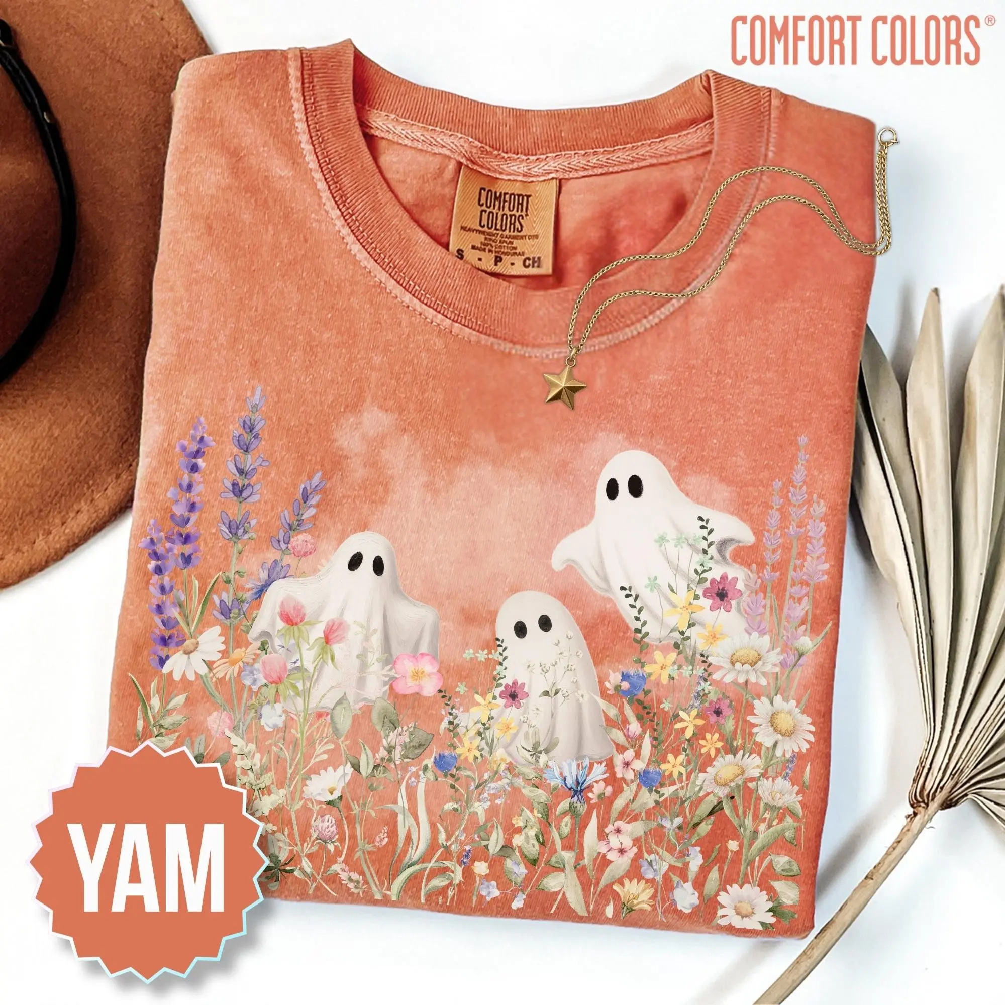 Comfort Colors Cute Ghost With Wildflower Halloween Shirt, Whimsical Nature Garden Lover Graphic Tee - photo 2