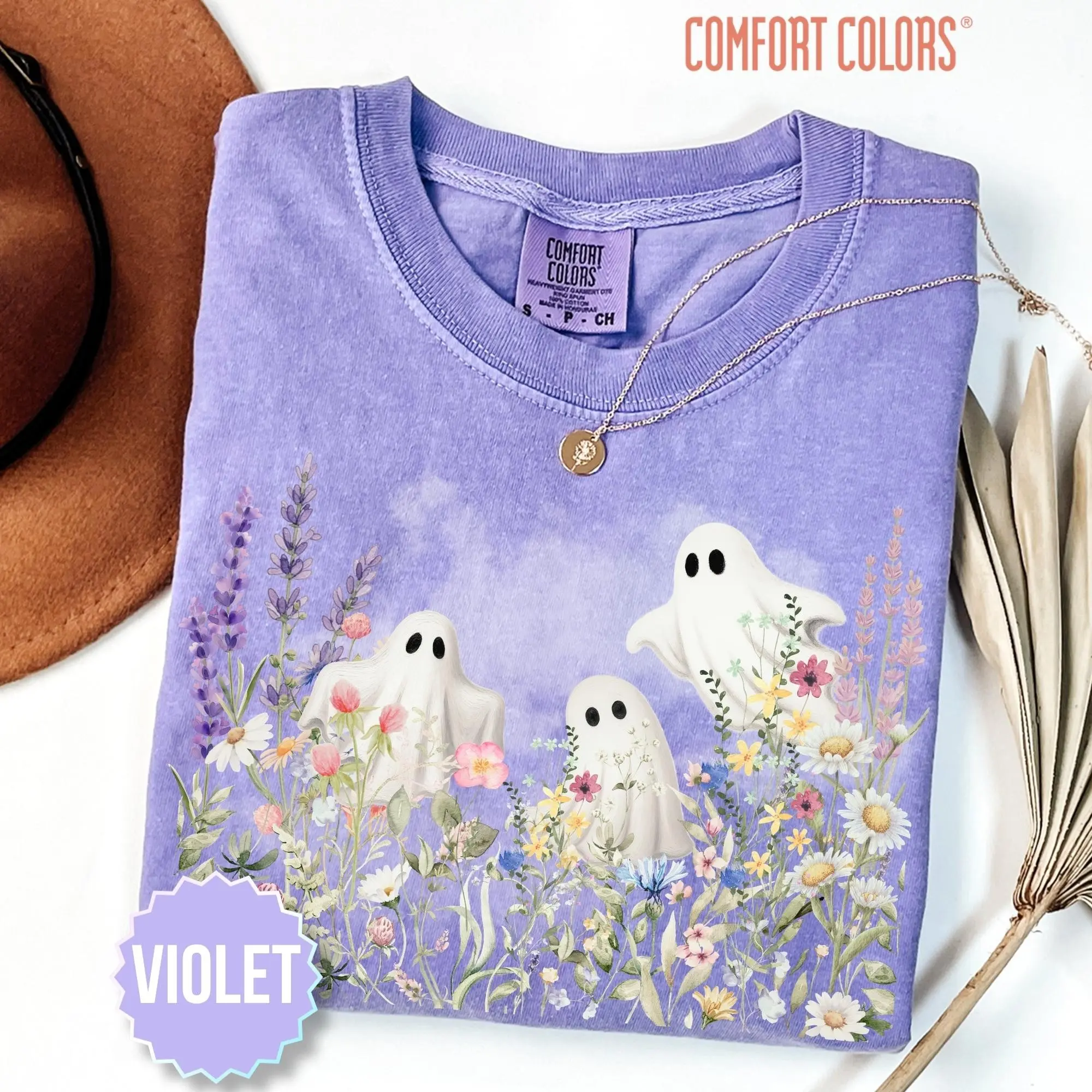 Comfort Colors Cute Ghost With Wildflower Halloween Shirt, Whimsical Nature Garden Lover Graphic Tee - photo 3