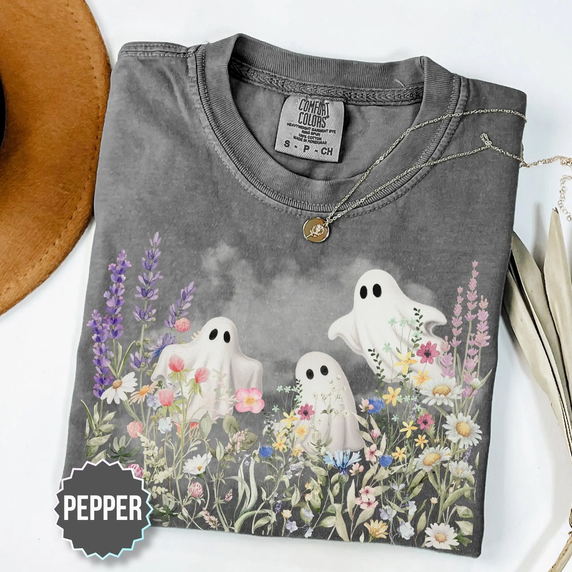 Comfort Colors Cute Ghost With Wildflower Halloween Shirt, Whimsical Nature Garden Lover Graphic Tee - photo 4