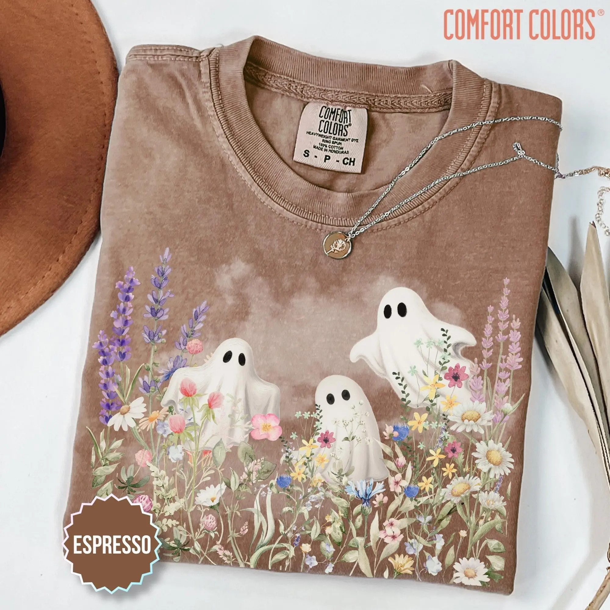 Comfort Colors Cute Ghost With Wildflower Halloween Shirt, Whimsical Nature Garden Lover Graphic Tee - photo 5