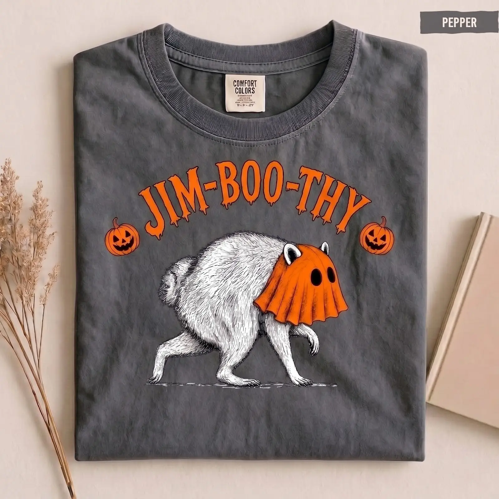 Comfort Colors Halloween Jimothy Raccoon Ghost Meme T-Shirt for Women, Funny Jim-Boo-Thy Trash Panda Spooky Season Tee