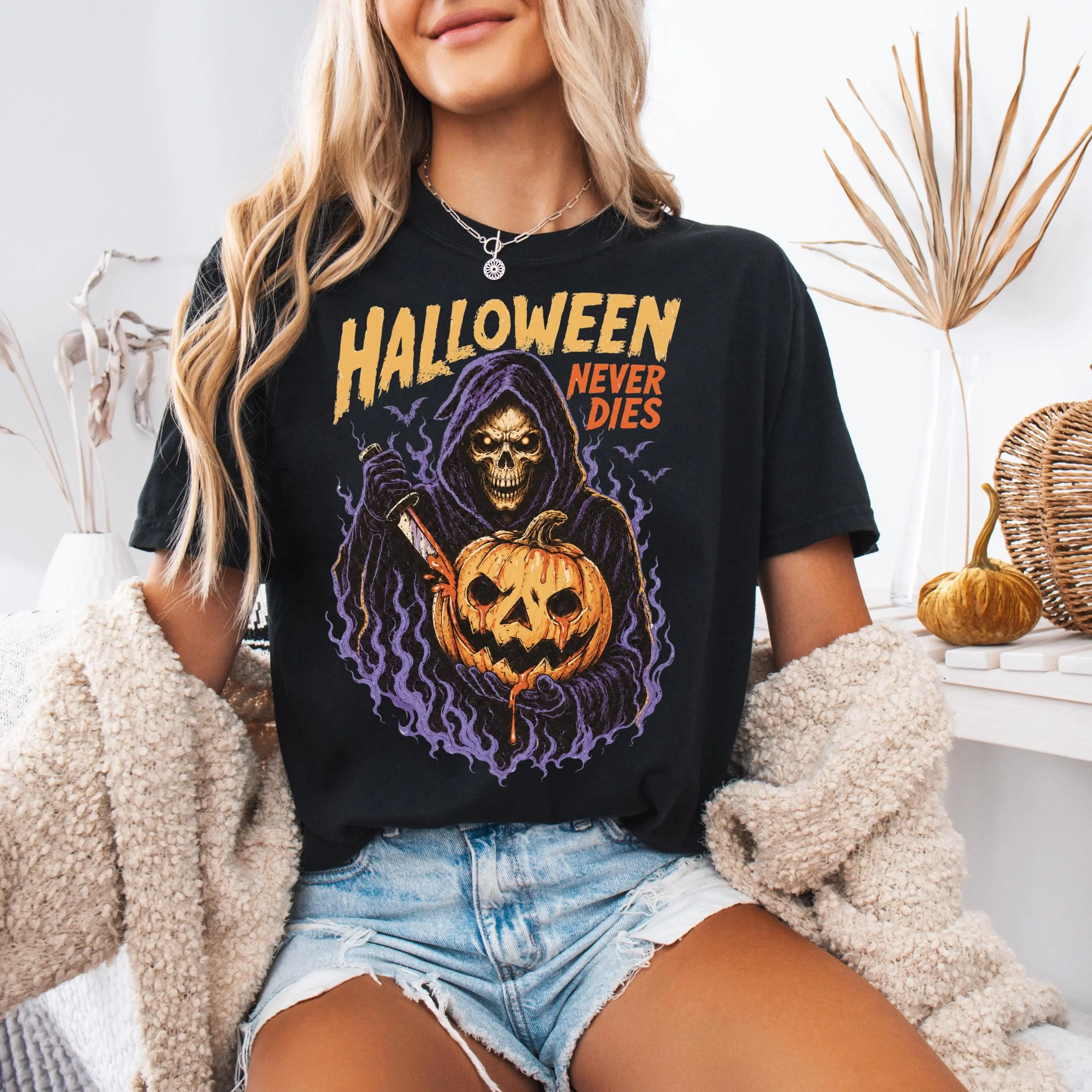 Comfort Colors Halloween Never Dies Shirt, Vintage Skeleton Pumpkin Graphic Tee, Gothic Spooky Season Fall Top