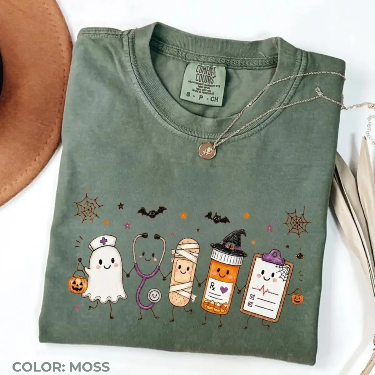 Comfort Colors Halloween Nurse Doodle Shirt, Ghost Stethoscope Mummy Pill Bottle Medical Graphic Tee - photo 2