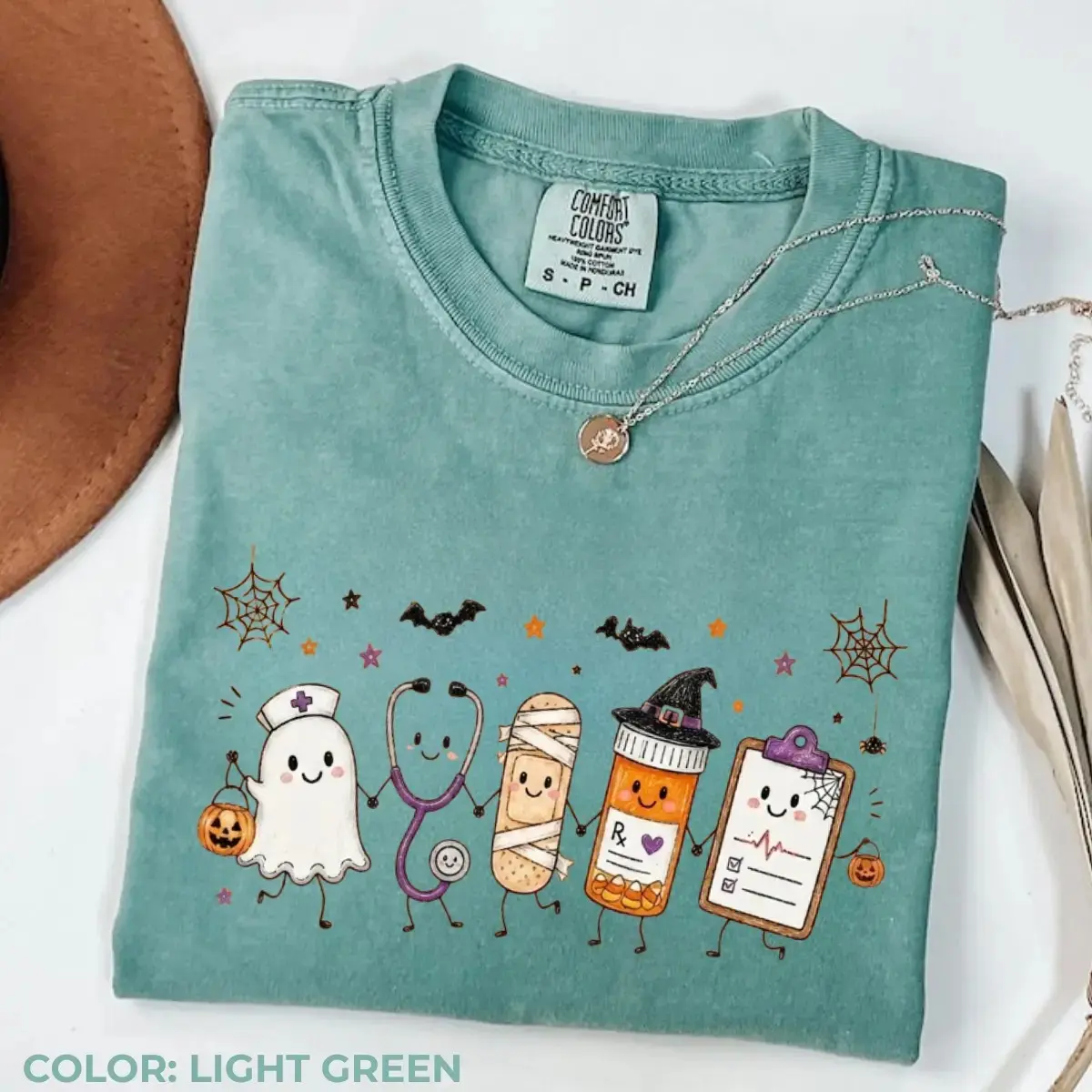 Comfort Colors Halloween Nurse Doodle Shirt, Ghost Stethoscope Mummy Pill Bottle Medical Graphic Tee - photo 4