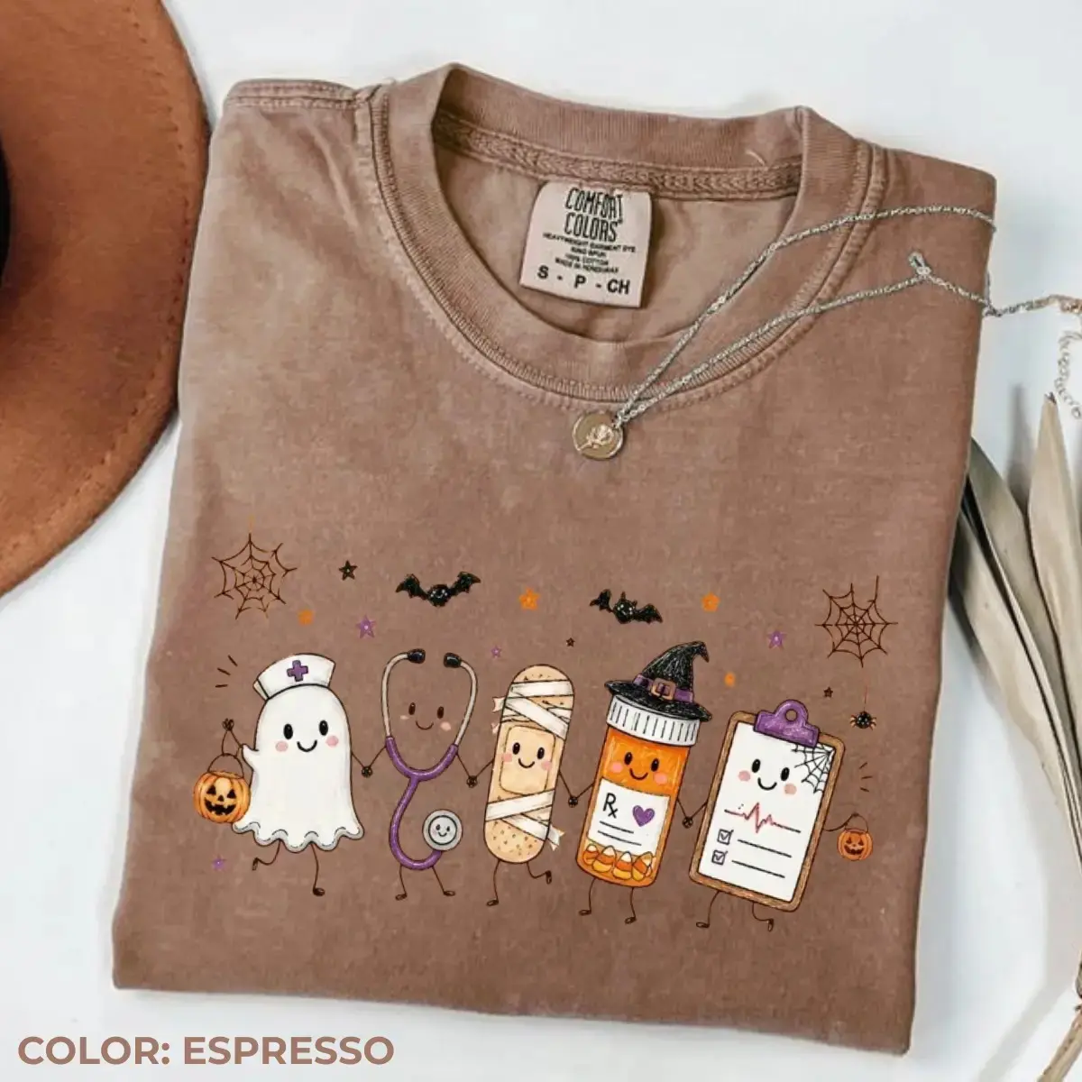Comfort Colors Halloween Nurse Doodle Shirt, Ghost Stethoscope Mummy Pill Bottle Medical Graphic Tee - photo 5