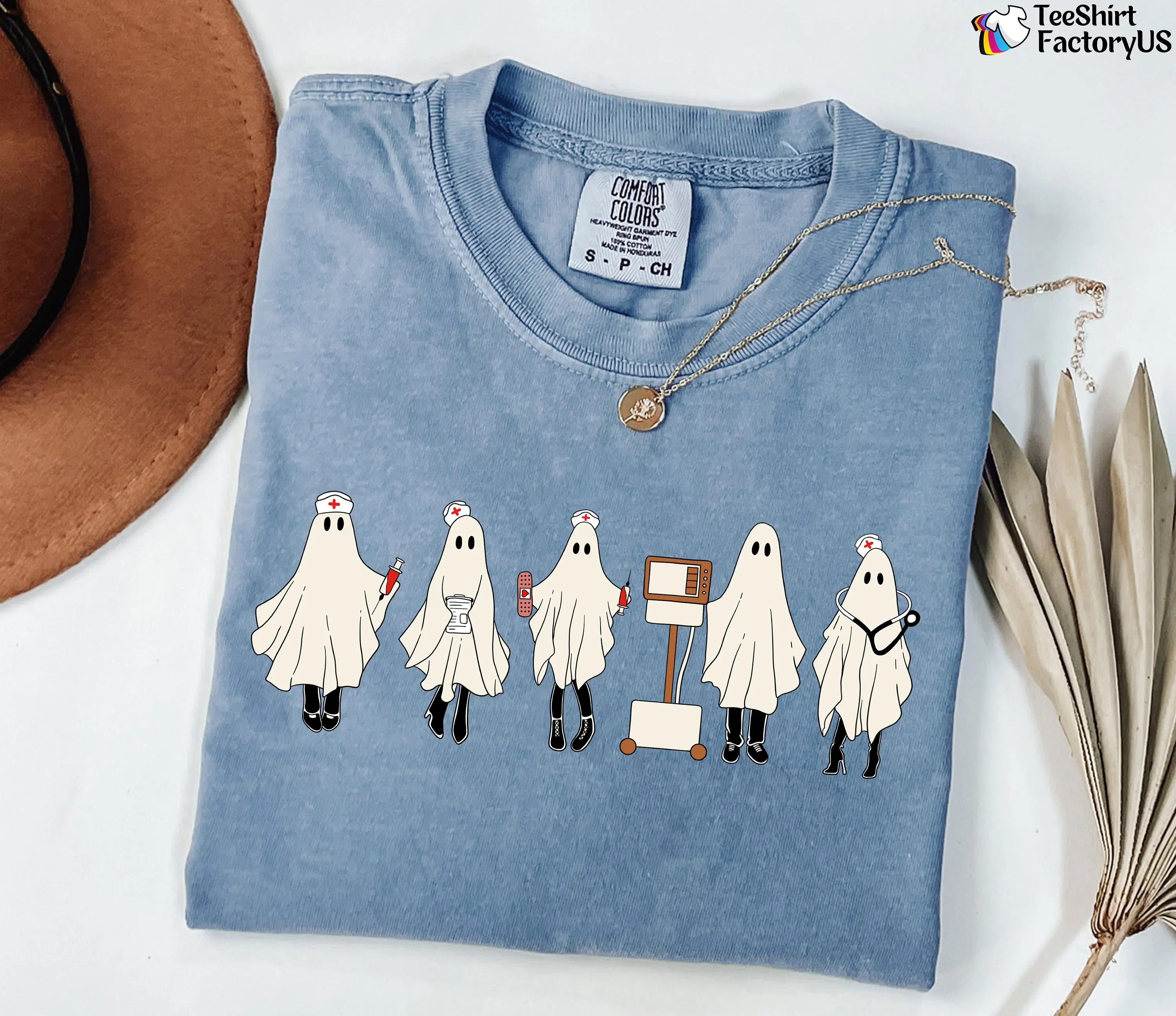 Comfort Colors Halloween Nurse Shirt, Spooky Ghost Graphic Tee, Funny Medical Fall Gift - photo 2