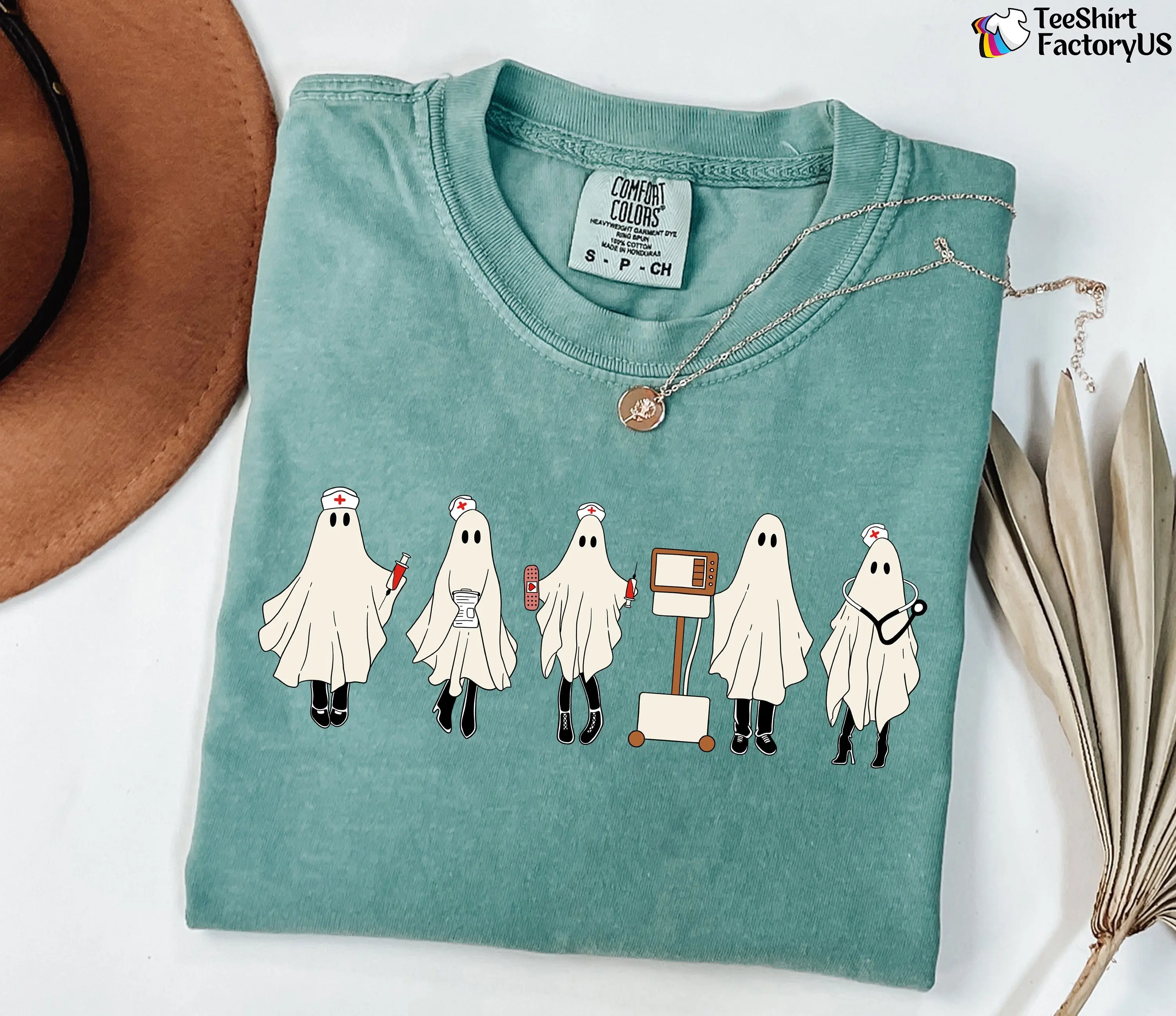 Comfort Colors Halloween Nurse Shirt, Spooky Ghost Graphic Tee, Funny Medical Fall Gift - photo 3