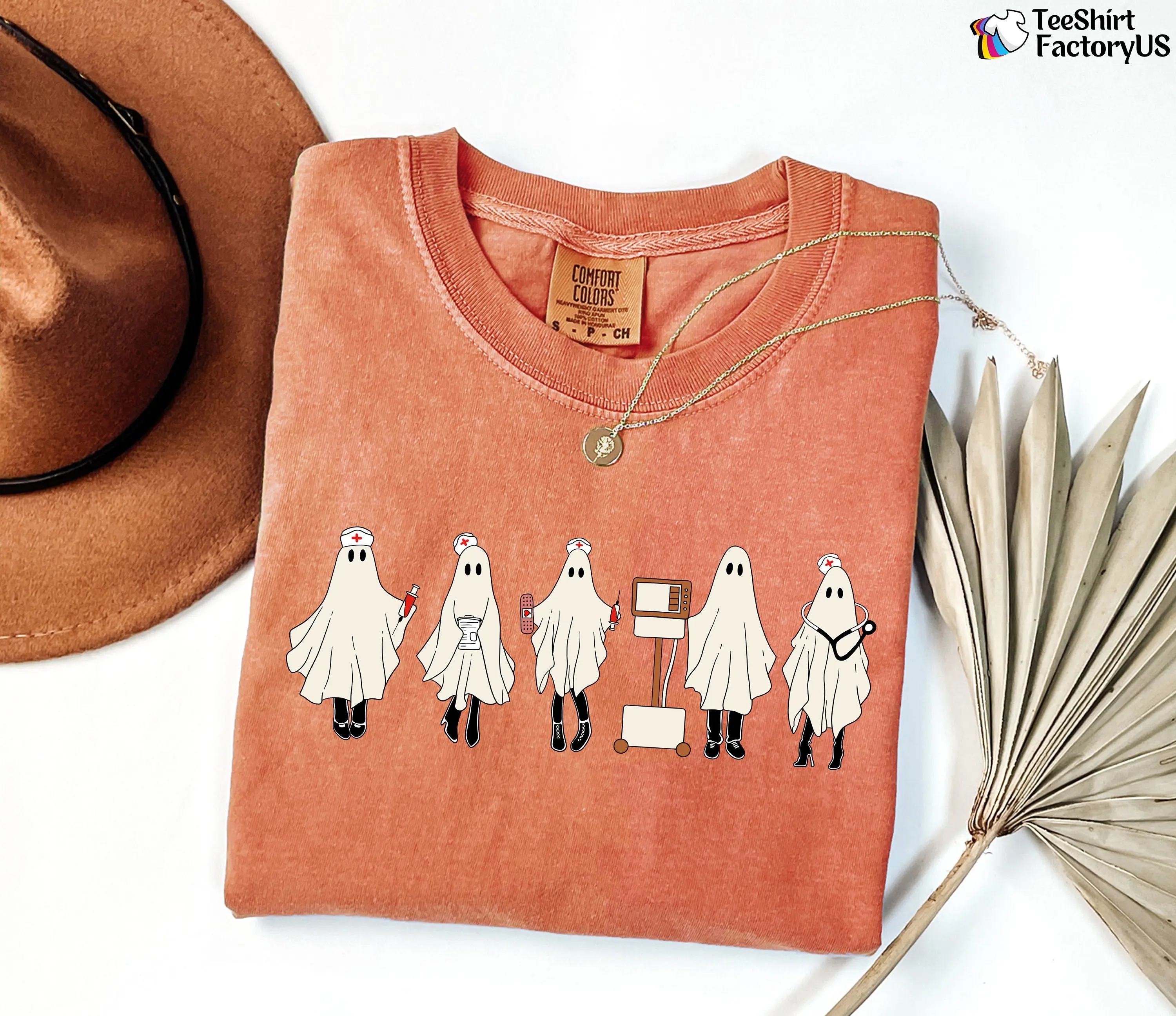 Comfort Colors Halloween Nurse Shirt, Spooky Ghost Graphic Tee, Funny Medical Fall Gift - photo 4