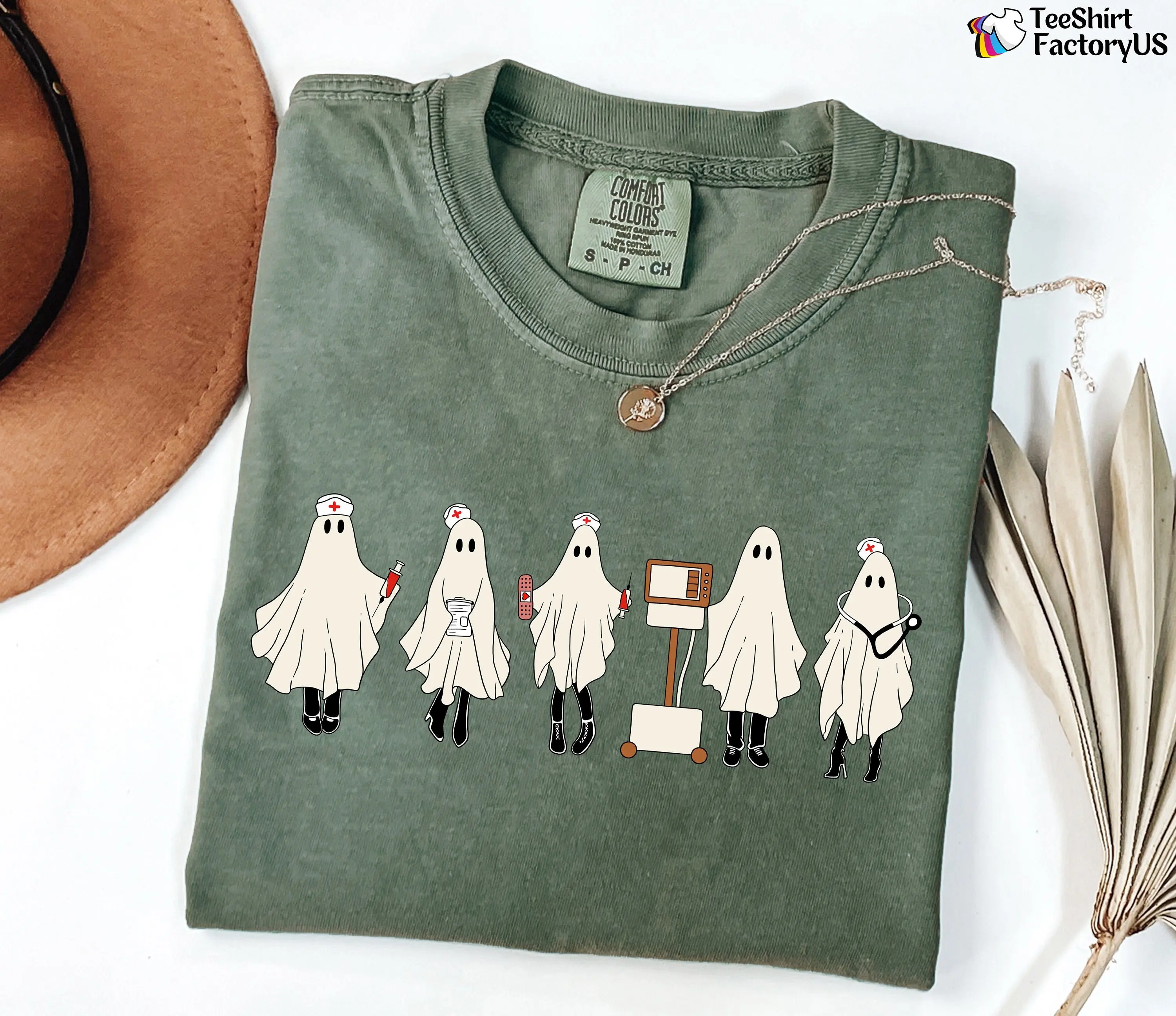 Comfort Colors Halloween Nurse Shirt, Spooky Ghost Graphic Tee, Funny Medical Fall Gift - photo 5