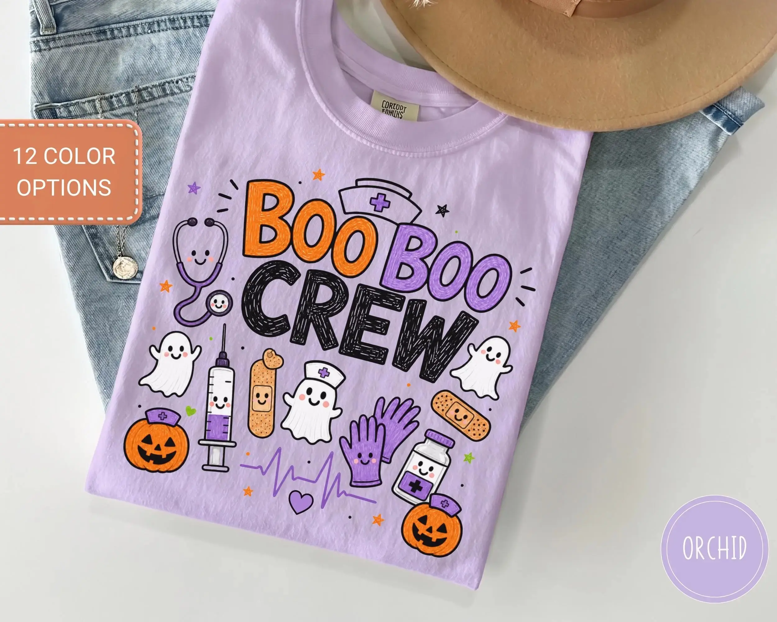 Comfort Colors Halloween Nurse Shirt, Spooky Boo Boo Crew Retro Nursing Life Fall Gift Tee for Women