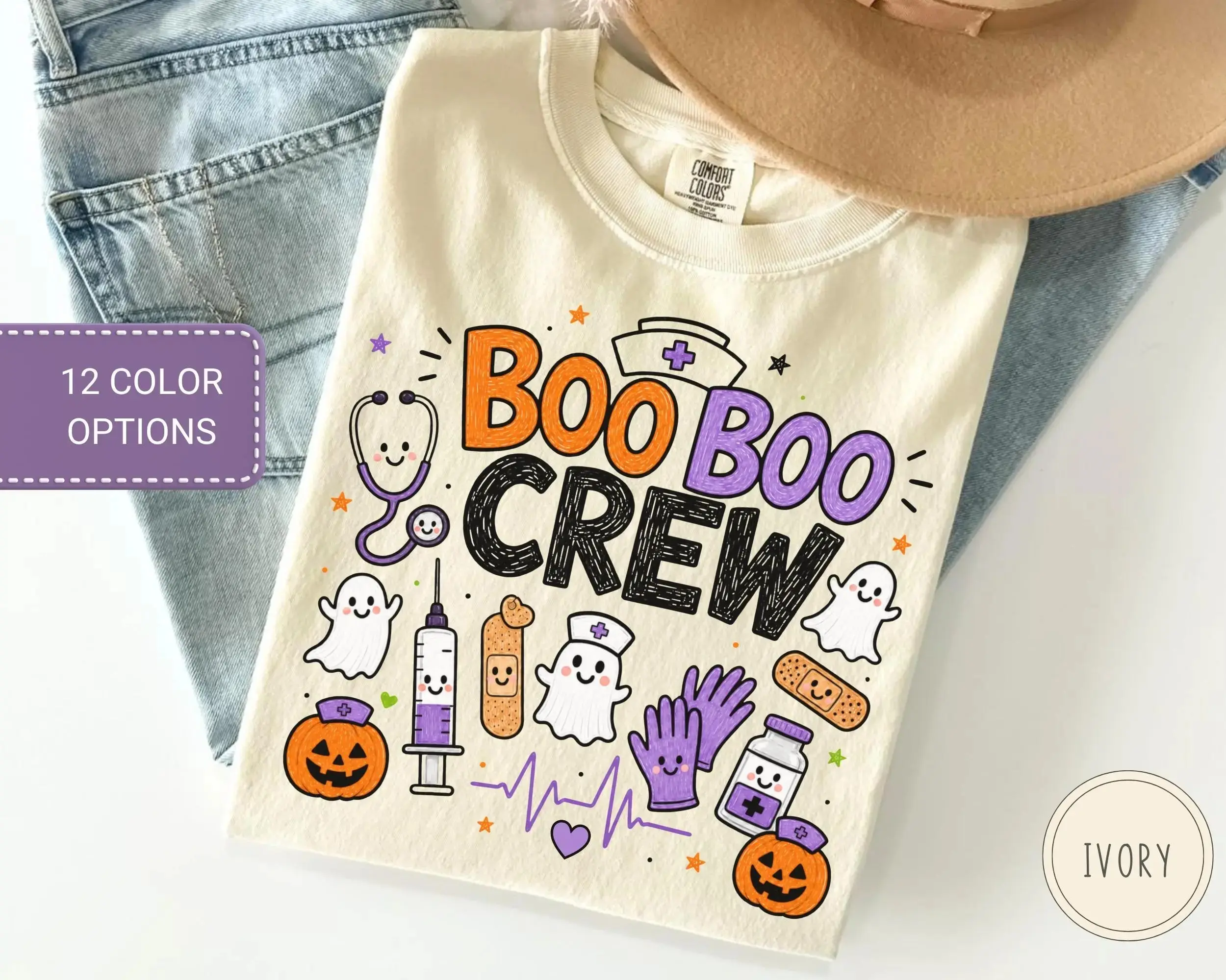 Comfort Colors Halloween Nurse Shirt, Spooky Boo Boo Crew Retro Nursing Life Fall Gift Tee for Women - photo 2