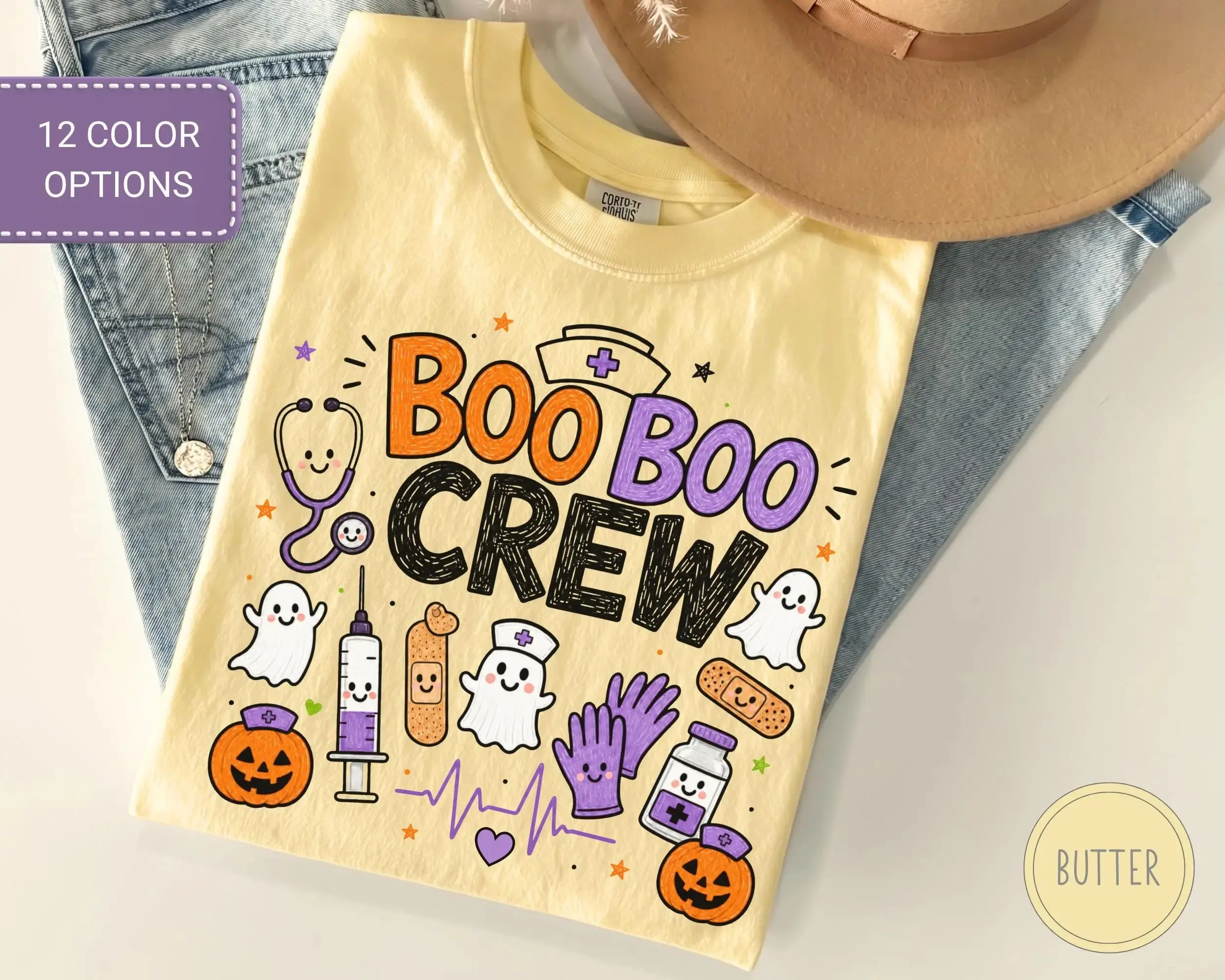 Comfort Colors Halloween Nurse Shirt, Spooky Boo Boo Crew Retro Nursing Life Fall Gift Tee for Women - photo 4