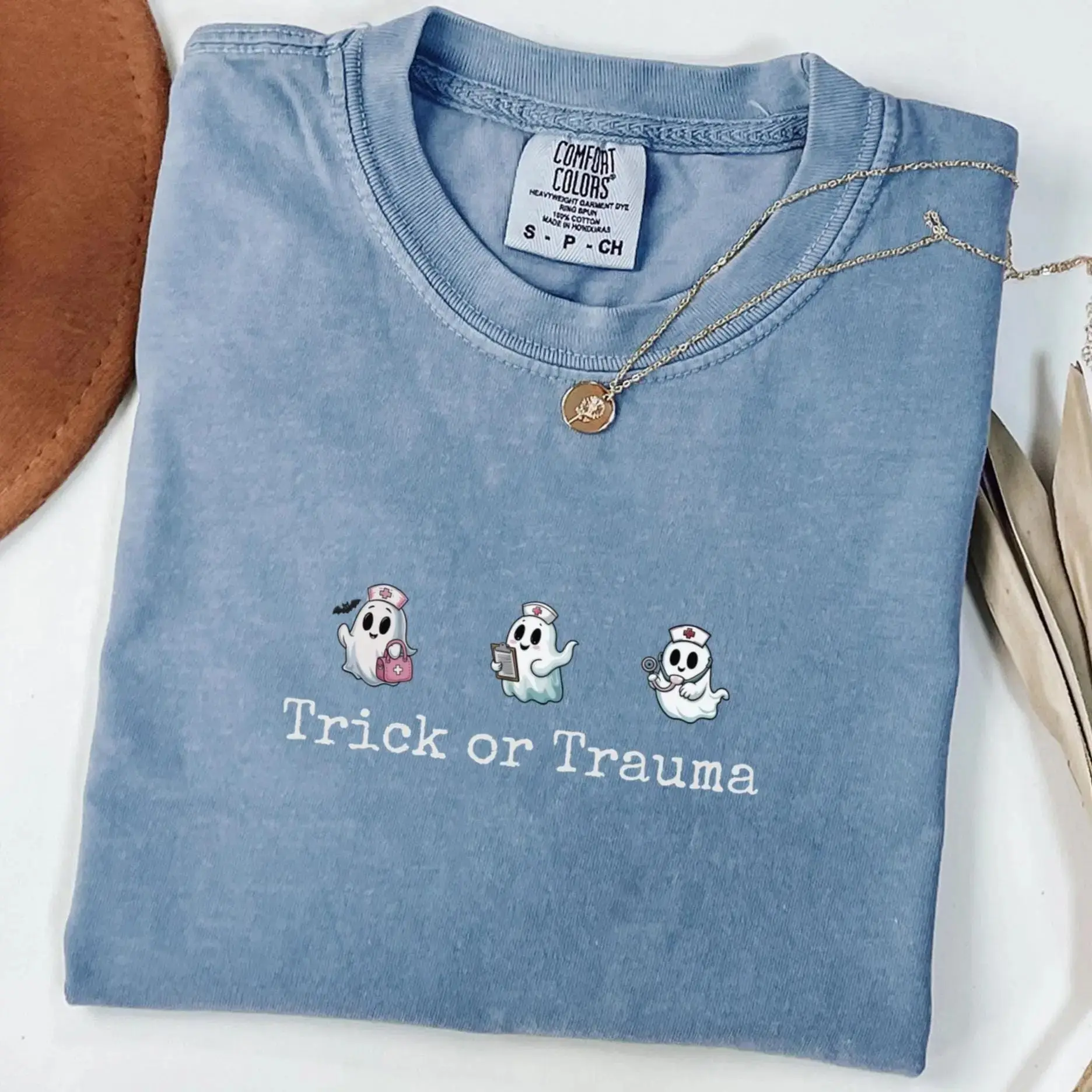 Comfort Colors Halloween Nurse Shirt, Trick or Trauma Spooky Boo Crew Funny Nursing Tee for Women
