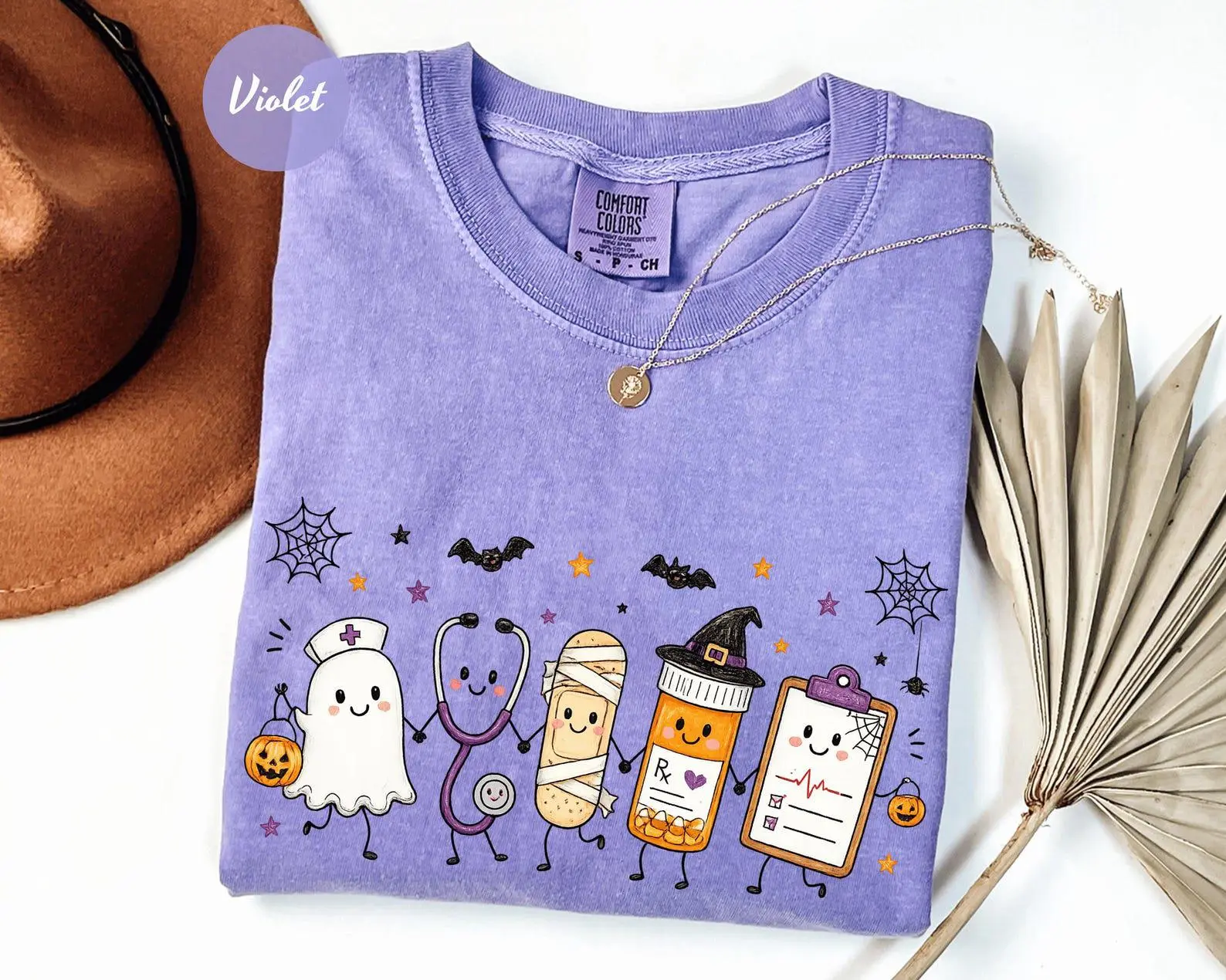 Comfort Colors Halloween Nursing Doodle T-Shirt, Funny Spooky Nurse Life Healthcare Tee, Gift For Women