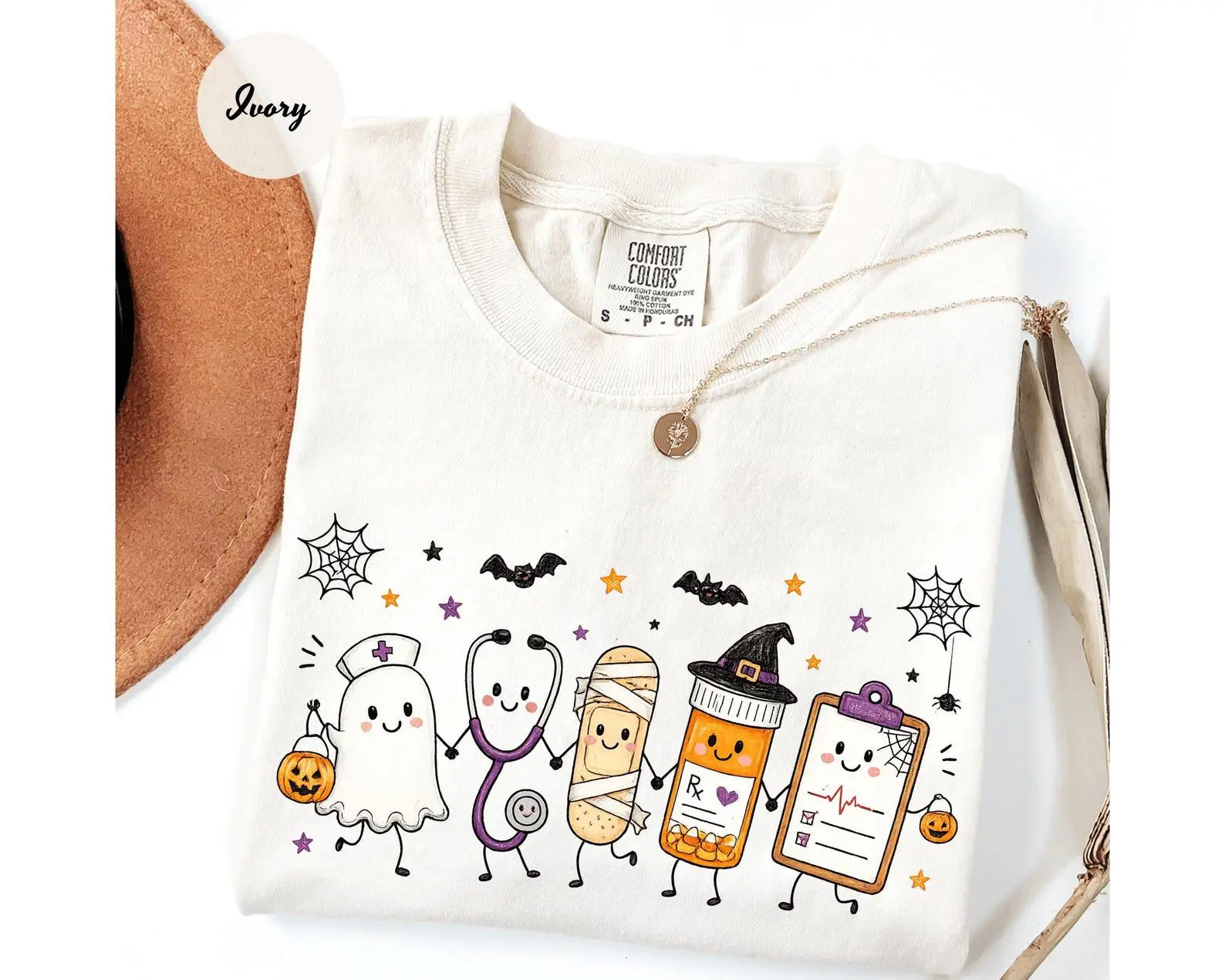 Comfort Colors Halloween Nursing Doodle T-Shirt, Funny Spooky Nurse Life Healthcare Tee, Gift For Women - photo 3
