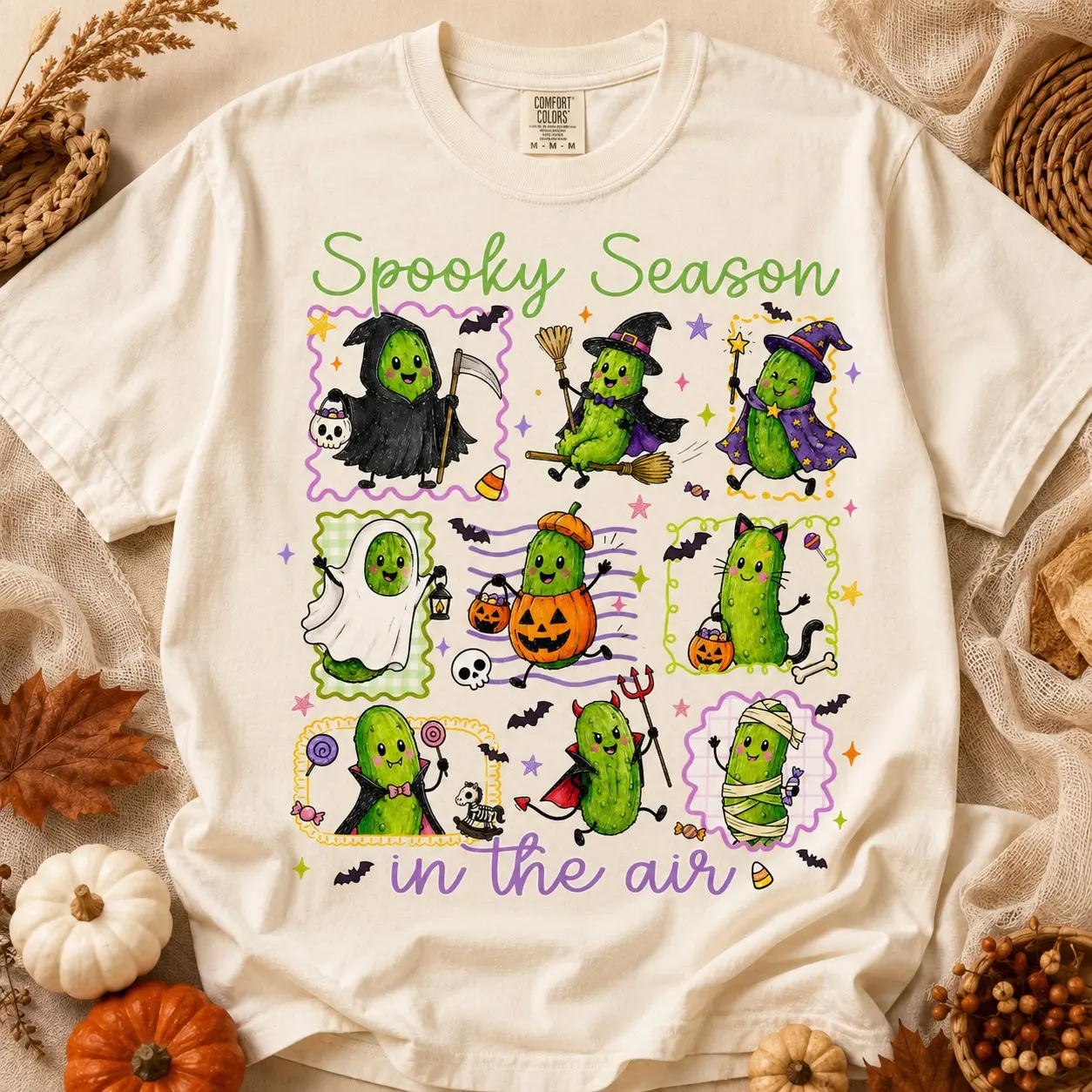 Comfort Colors Halloween Pickle T-Shirt, Cute Trick or Treat Happy Witch Ghost Vampire Graphic Tee