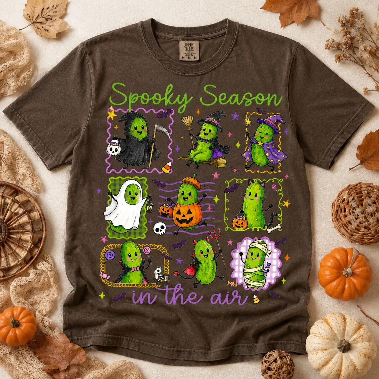 Comfort Colors Halloween Pickle T-Shirt, Cute Trick or Treat Happy Witch Ghost Vampire Graphic Tee - photo 2
