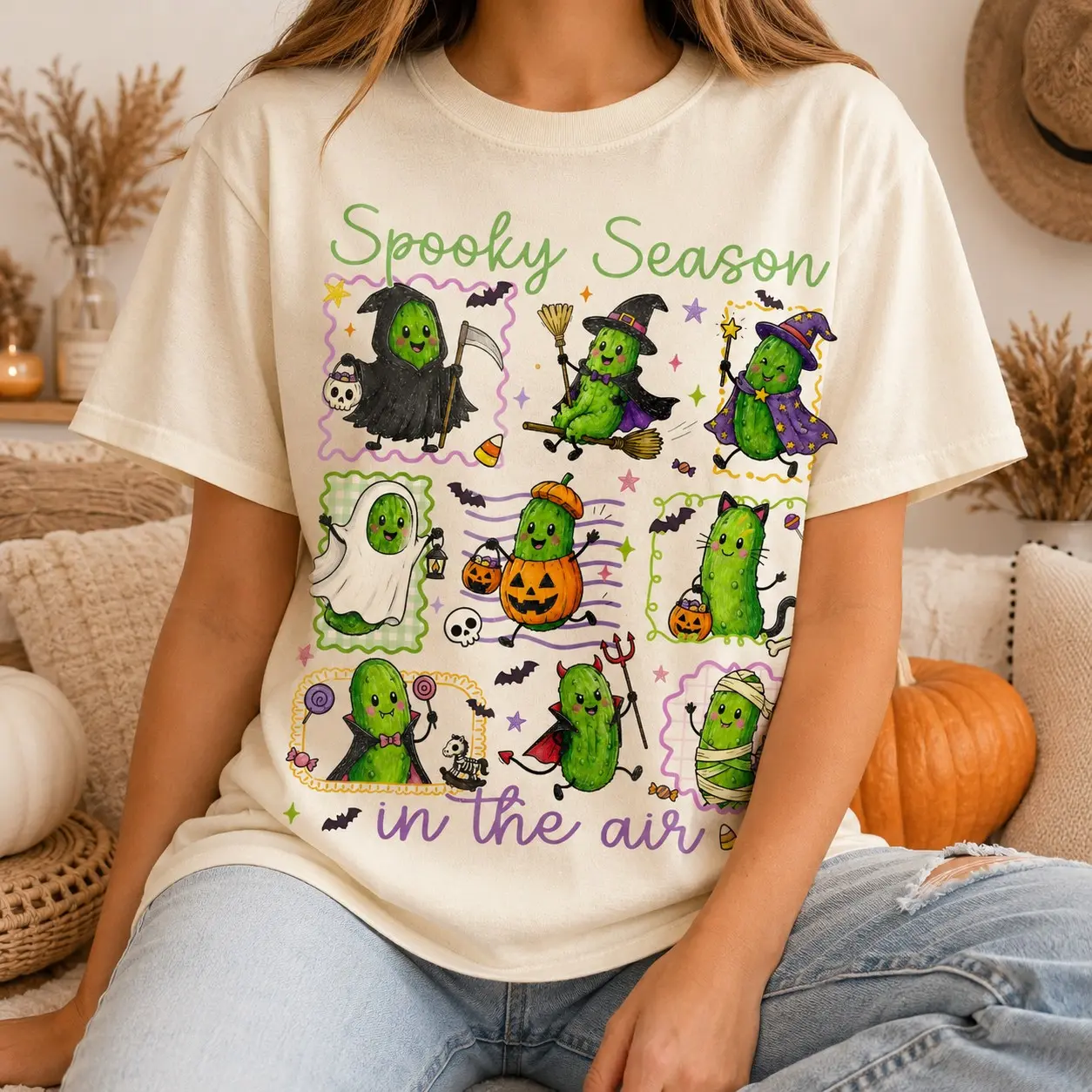 Comfort Colors Halloween Pickle T-Shirt, Cute Trick or Treat Happy Witch Ghost Vampire Graphic Tee - photo 3