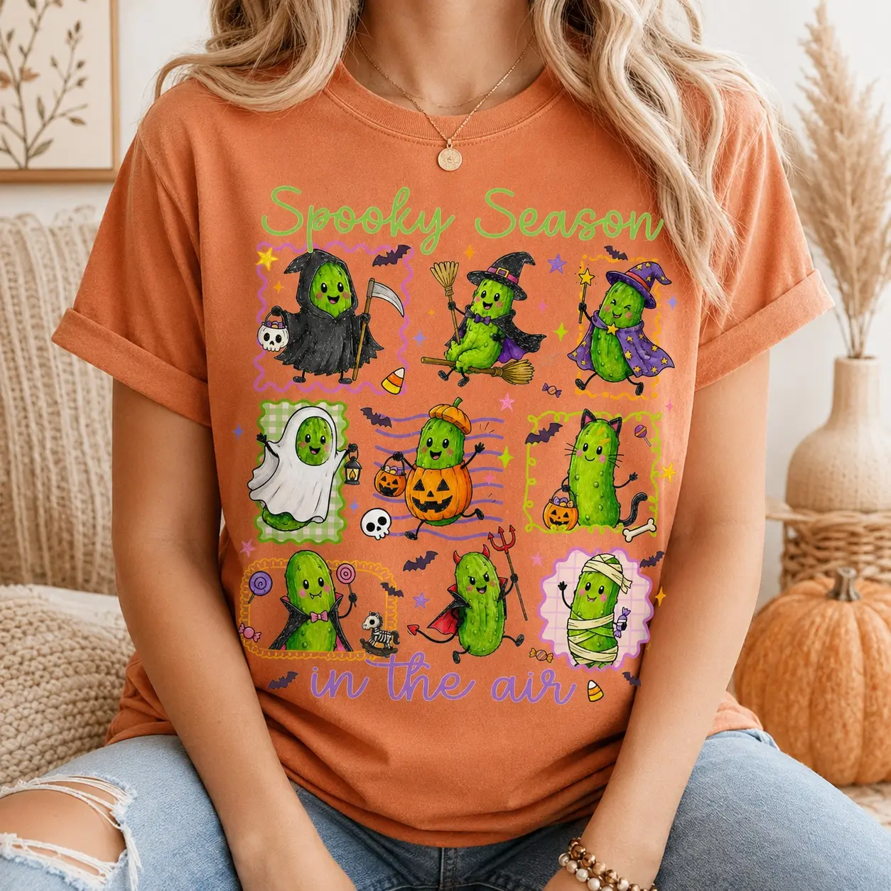 Comfort Colors Halloween Pickle T-Shirt, Cute Trick or Treat Happy Witch Ghost Vampire Graphic Tee - photo 4