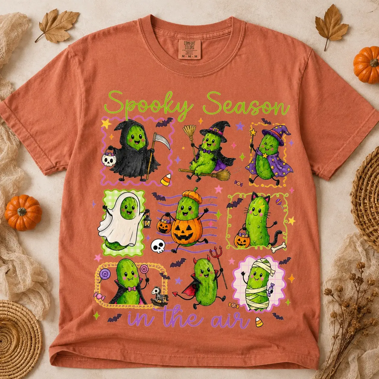 Comfort Colors Halloween Pickle T-Shirt, Cute Trick or Treat Happy Witch Ghost Vampire Graphic Tee - photo 5