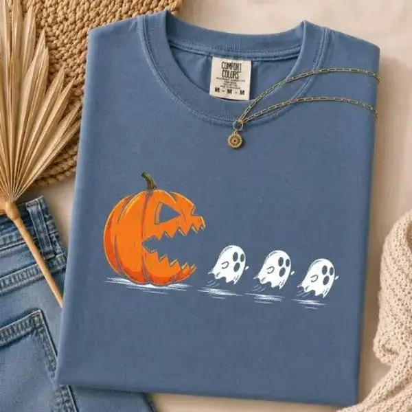 Comfort Colors Pac Man Pumpkin Ghost Halloween Shirt, Funny Spooky Trick or Treat Graphic Tee