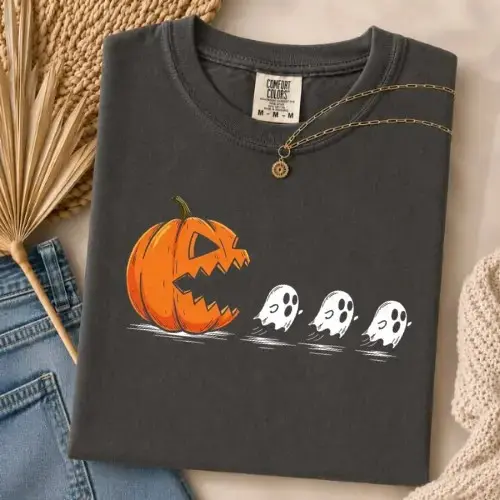 Comfort Colors Pac Man Pumpkin Ghost Halloween Shirt, Funny Spooky Trick or Treat Graphic Tee - photo 2