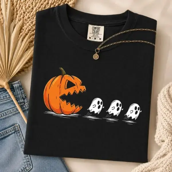 Comfort Colors Pac Man Pumpkin Ghost Halloween Shirt, Funny Spooky Trick or Treat Graphic Tee - photo 3