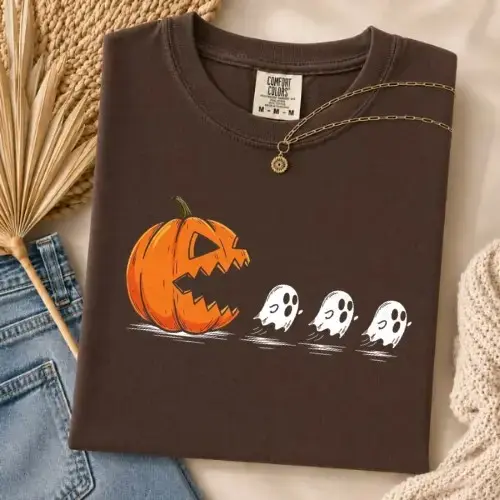 Comfort Colors Pac Man Pumpkin Ghost Halloween Shirt, Funny Spooky Trick or Treat Graphic Tee - photo 4