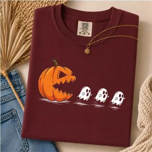 Comfort Colors Pac Man Pumpkin Ghost Halloween Shirt, Funny Spooky Trick or Treat Graphic Tee - photo 5