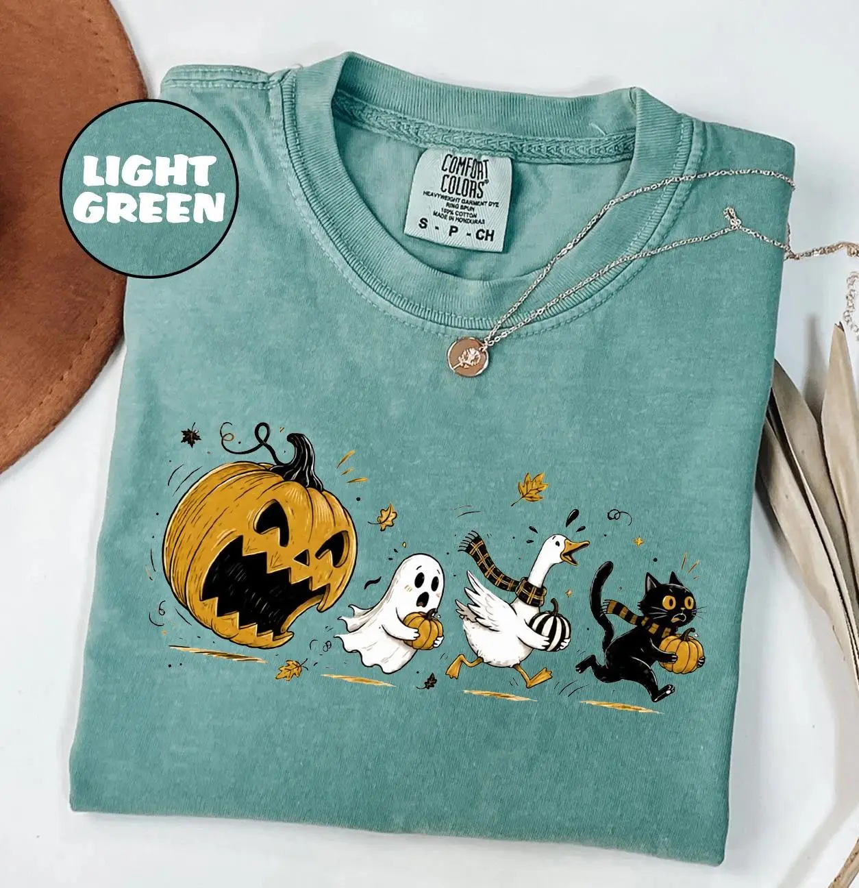 Comfort Colors Halloween Pumpkin Pacman Shirt, Jack O Lantern Eats Ghost Goose Cat Funny Tee - photo 2