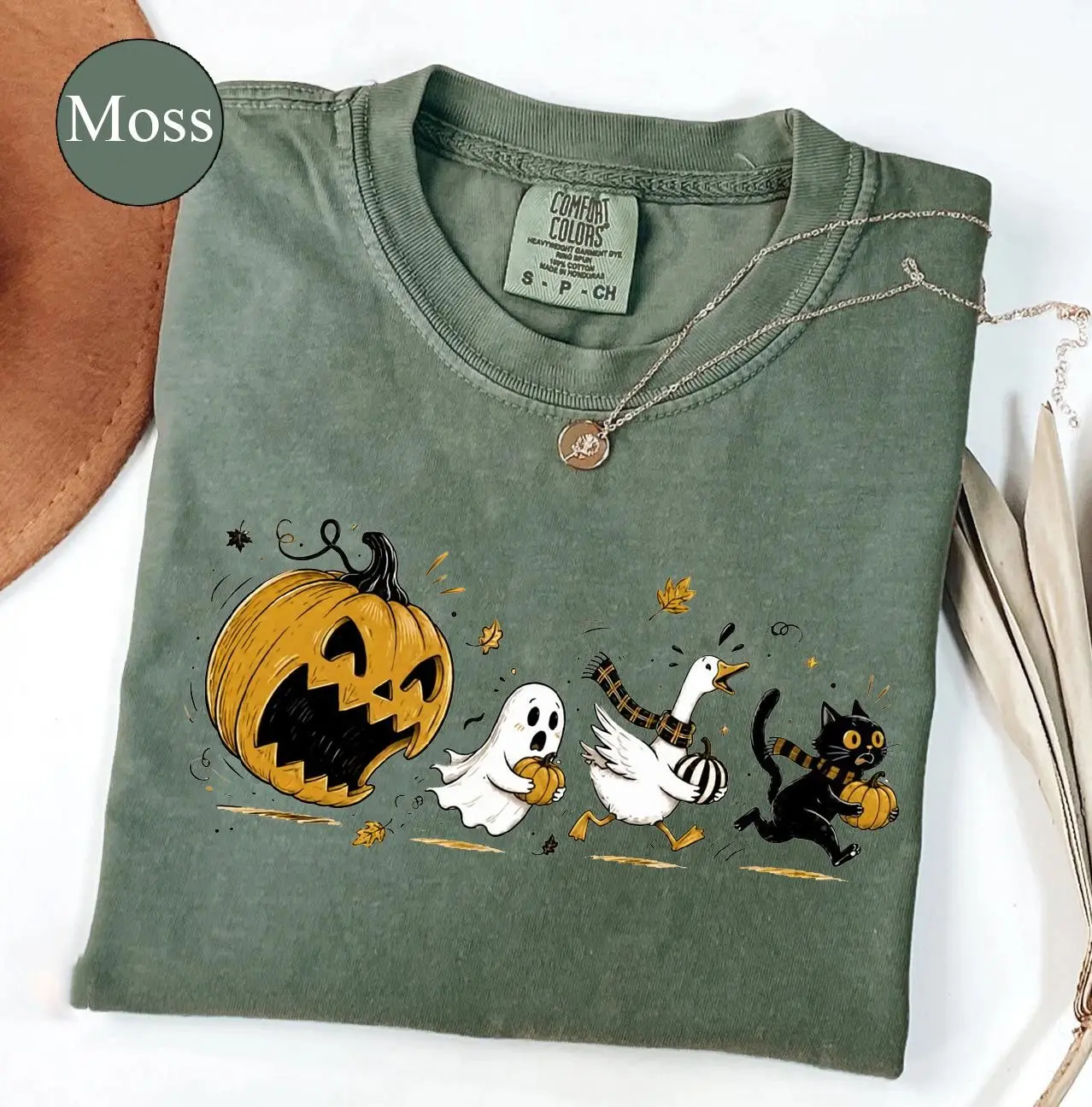 Comfort Colors Halloween Pumpkin Pacman Shirt, Jack O Lantern Eats Ghost Goose Cat Funny Tee - photo 3