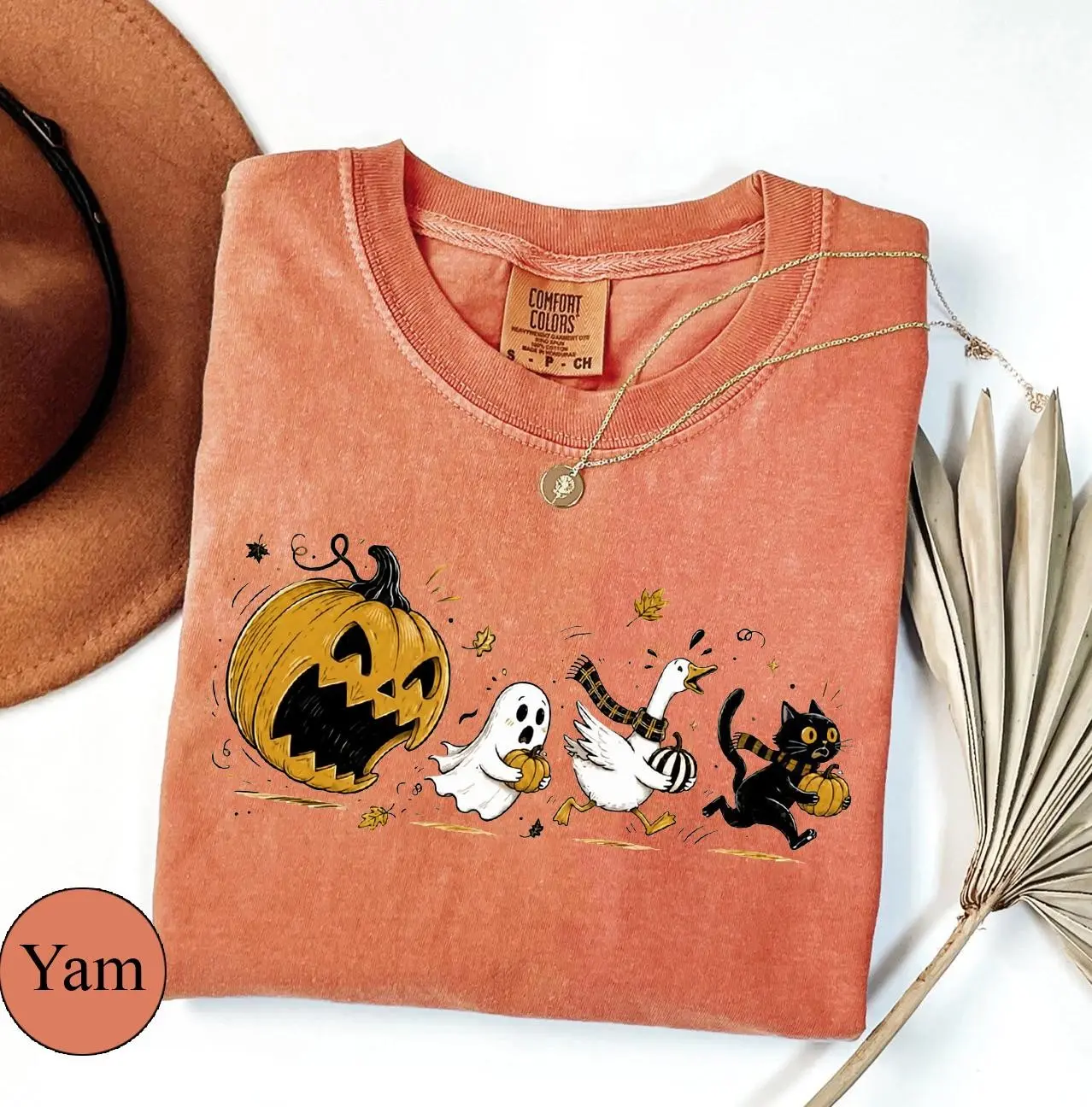 Comfort Colors Halloween Pumpkin Pacman Shirt, Jack O Lantern Eats Ghost Goose Cat Funny Tee - photo 4