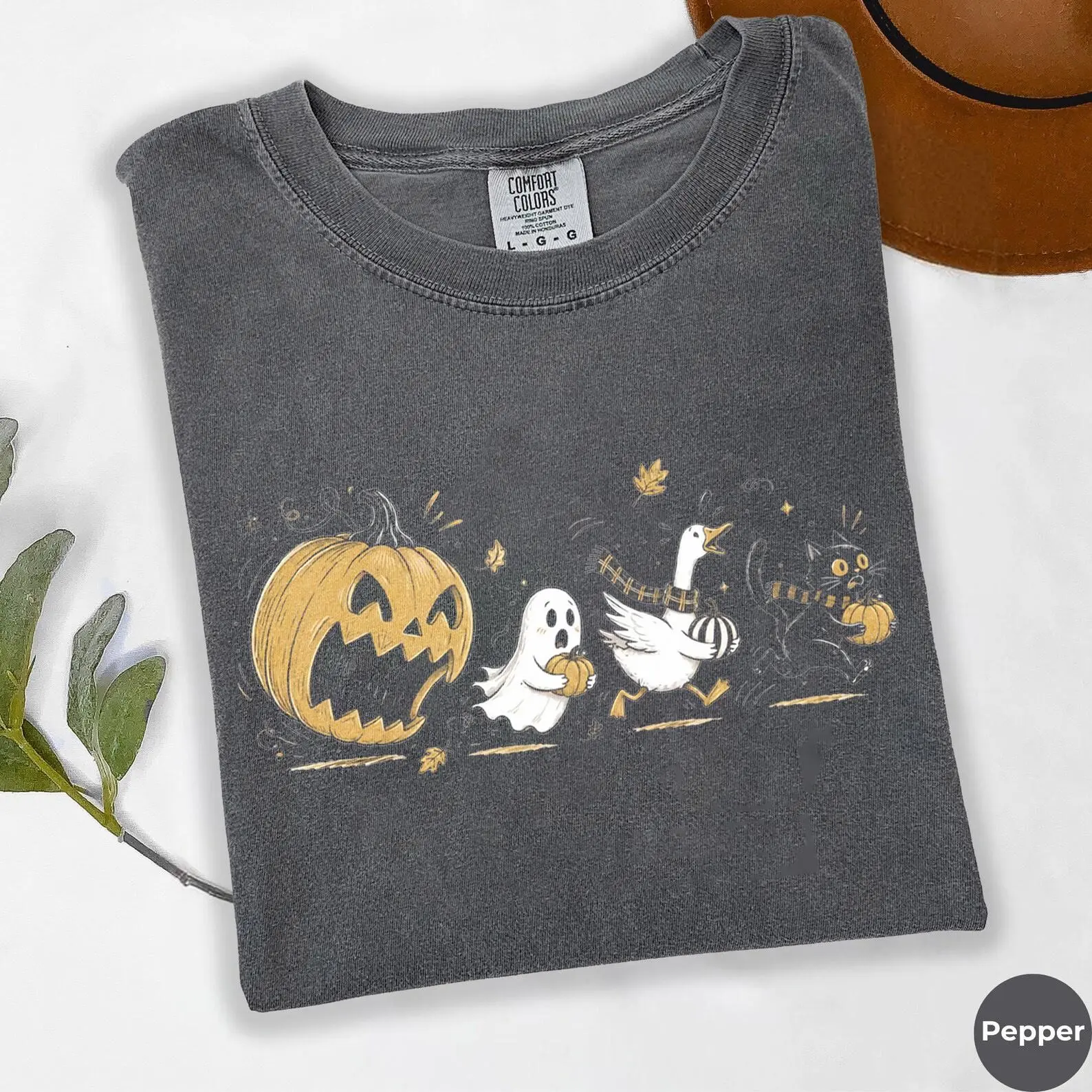 Comfort Colors Halloween Pumpkin Pacman Shirt, Jack O Lantern Eats Ghost Goose Cat Funny Tee - photo 5
