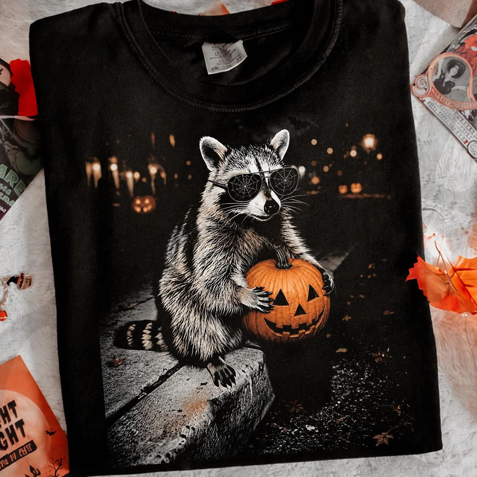Comfort Colors Halloween Raccoon Holding Pumpkin Sweatshirt, Spooky Trash Panda Tee, Cute Fall Animal Graphic Top - photo 2