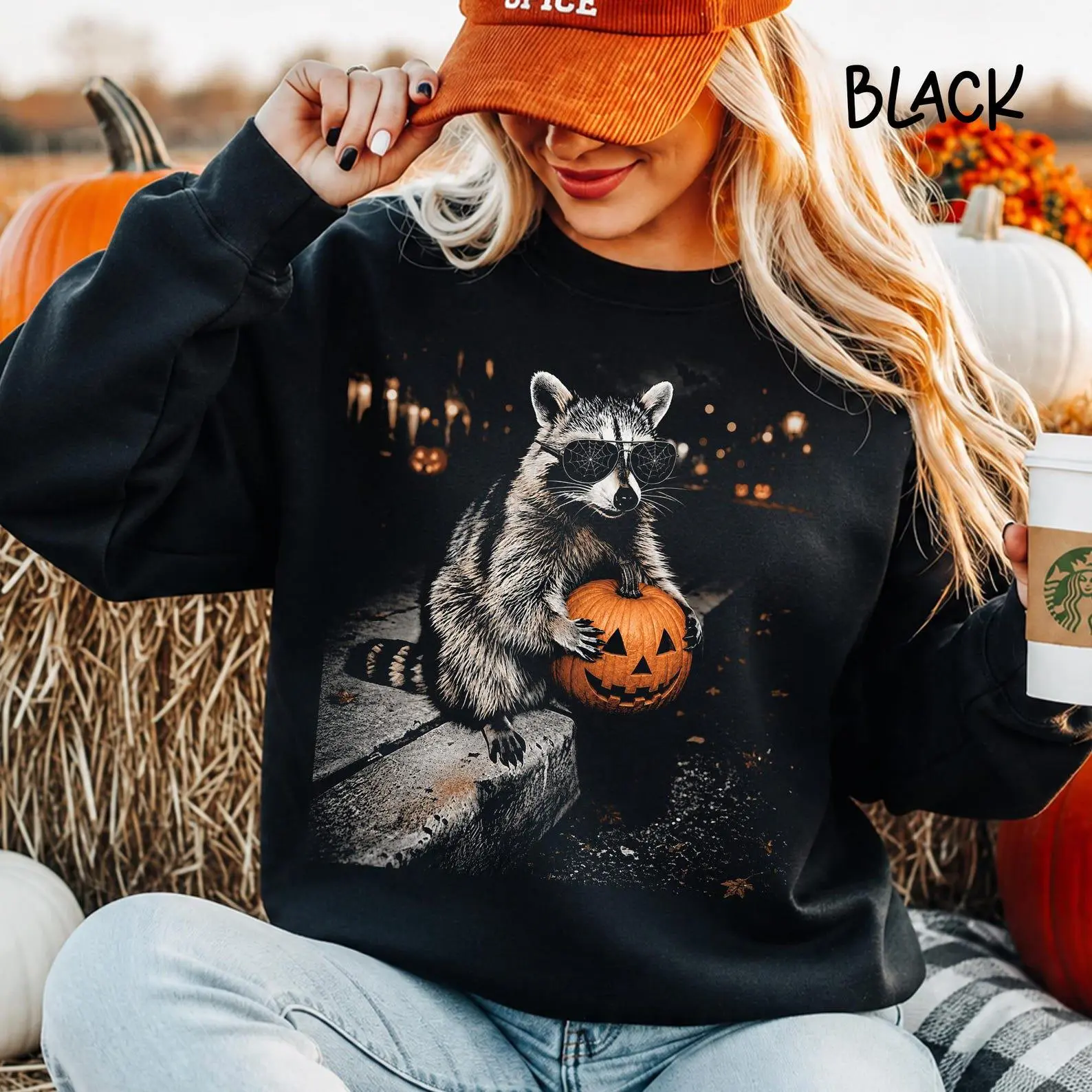 Comfort Colors Halloween Raccoon Holding Pumpkin Sweatshirt, Spooky Trash Panda Tee, Cute Fall Animal Graphic Top - photo 3