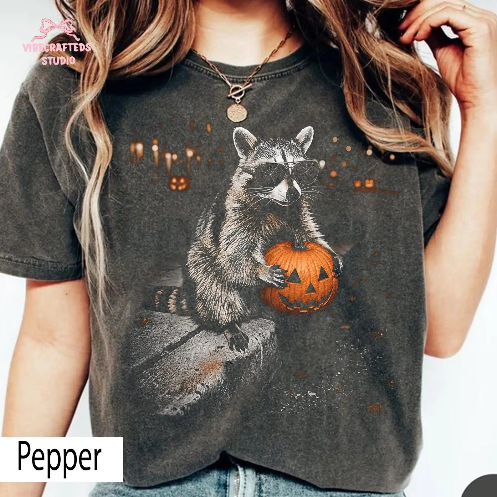 Comfort Colors Halloween Raccoon Holding Pumpkin Sweatshirt, Spooky Trash Panda Tee, Cute Fall Animal Graphic Top - photo 5