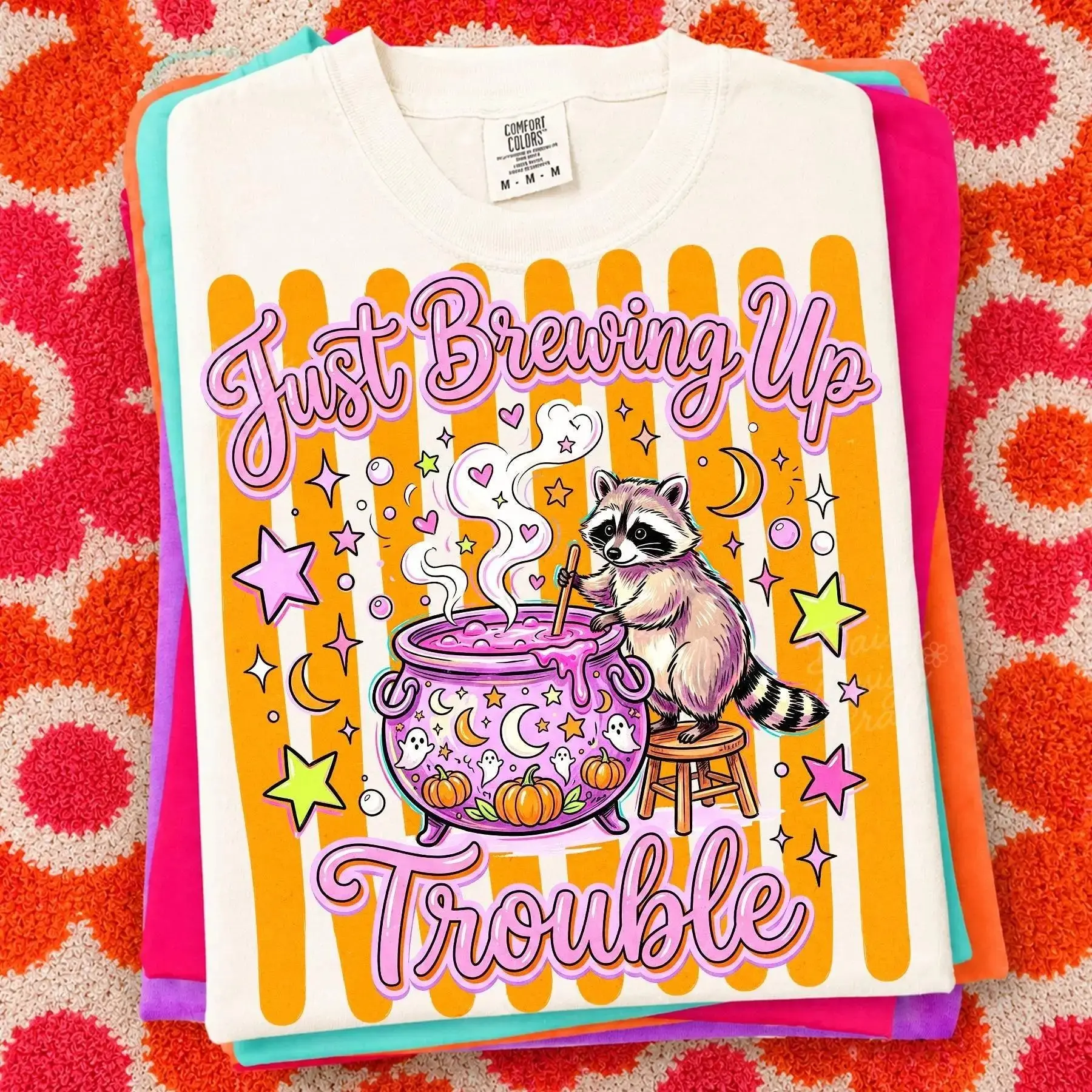 Comfort Colors Halloween Raccoon Just Brewing Up Trouble Shirt, Funny Preppy Spooky Season Tee, Women's Trash Panda Coffee Top