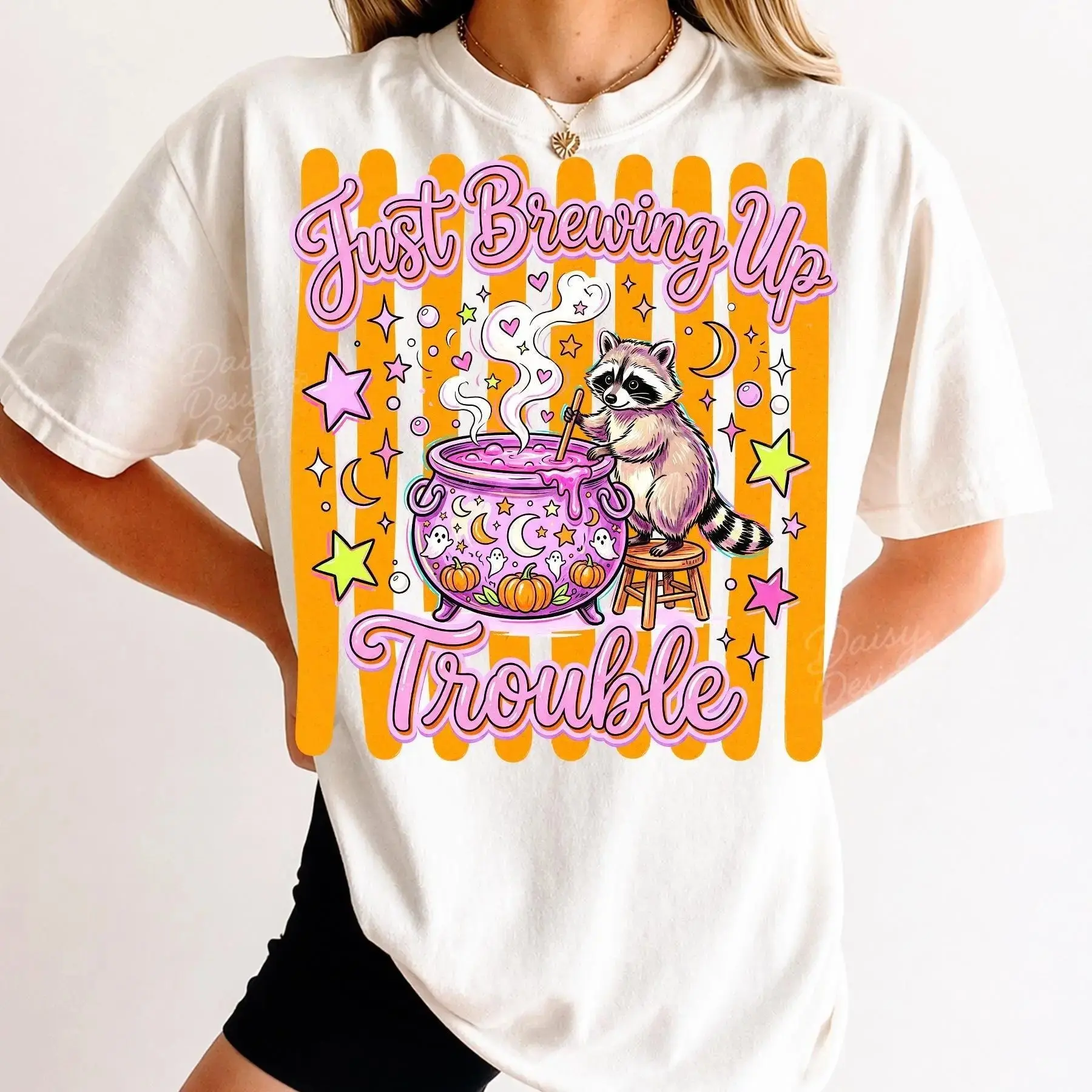 Comfort Colors Halloween Raccoon Just Brewing Up Trouble Shirt, Funny Preppy Spooky Season Tee, Women's Trash Panda Coffee Top - photo 2