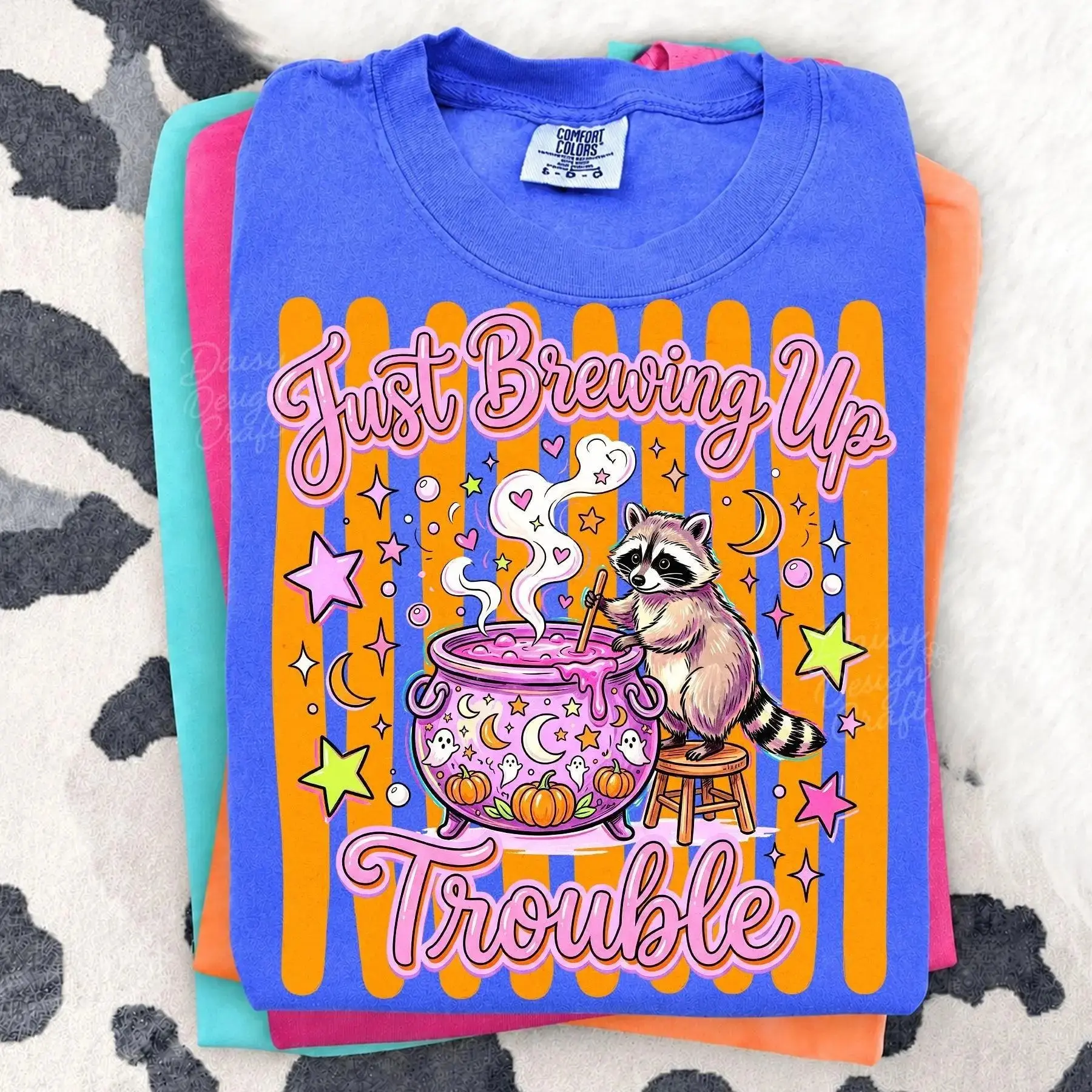 Comfort Colors Halloween Raccoon Just Brewing Up Trouble Shirt, Funny Preppy Spooky Season Tee, Women's Trash Panda Coffee Top - photo 5