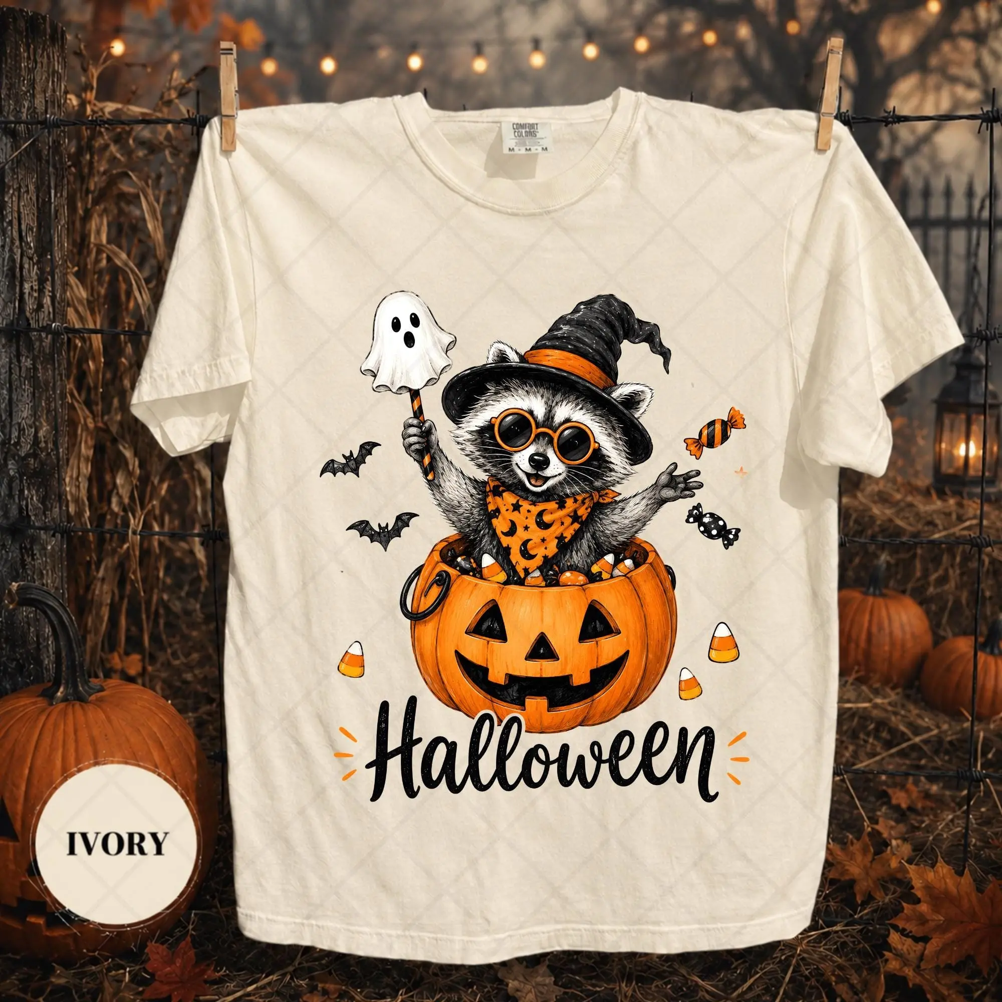 Comfort Colors Halloween Raccoon Shirt, Cute Trash Panda Pumpkin Bucket Tee, Funny Spooky Fall Animal Womens Graphic Top