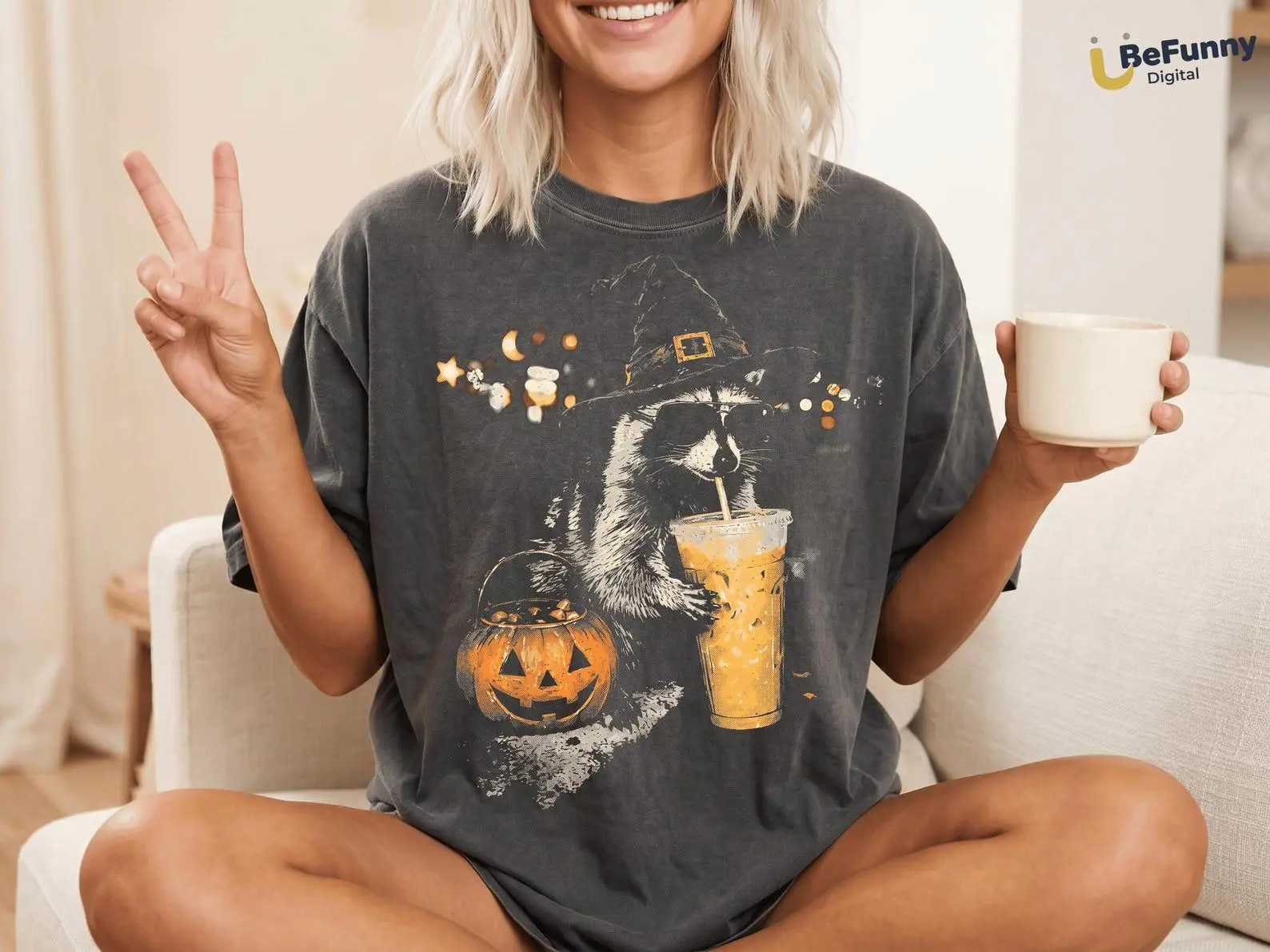 Comfort Colors Halloween Raccoon Shirt, Funny Witch Trash Panda Tee, Pumpkin Spice Iced Coffee Spooky Season Graphic Top