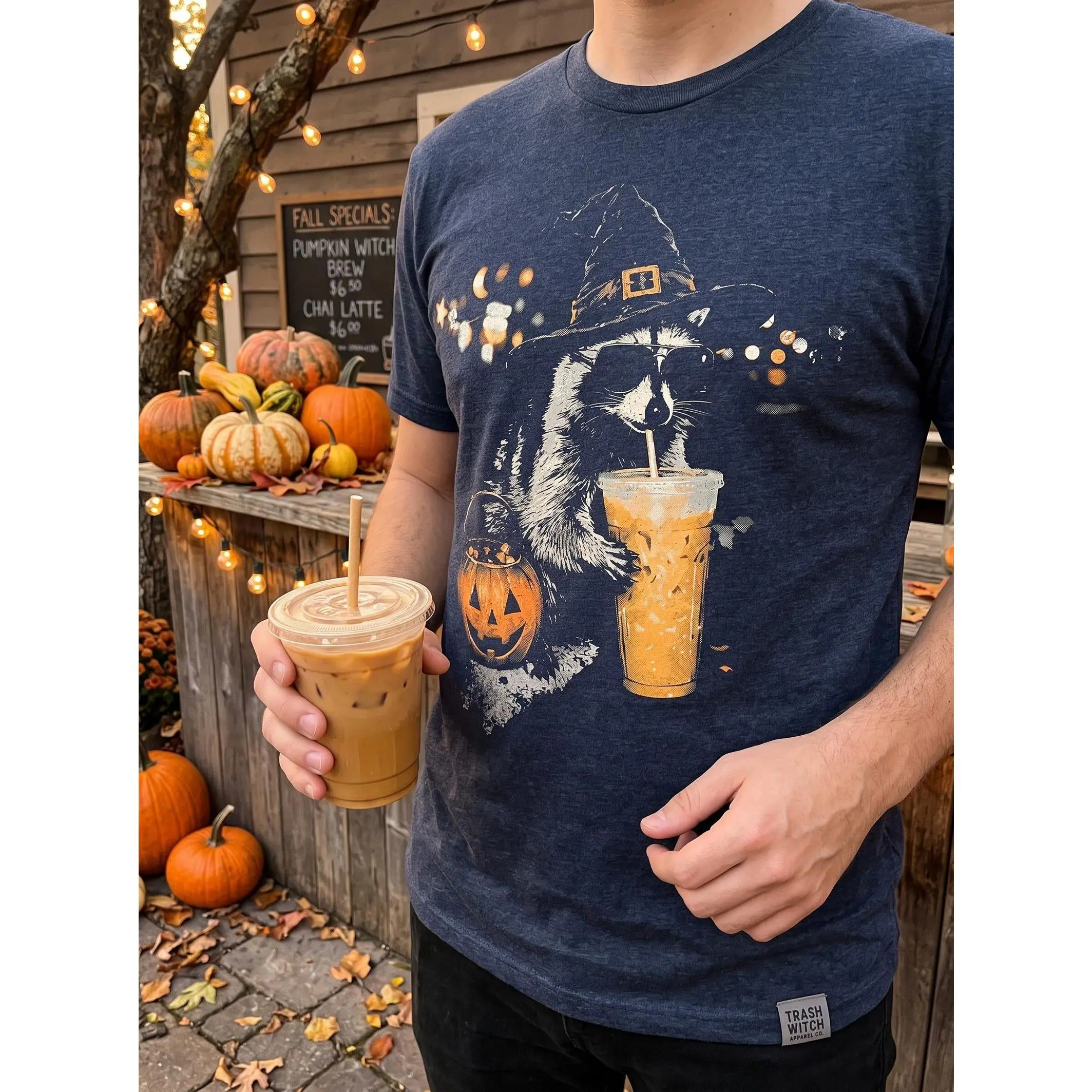 Comfort Colors Halloween Raccoon Shirt, Funny Witch Trash Panda Tee, Pumpkin Spice Iced Coffee Spooky Season Graphic Top - photo 2