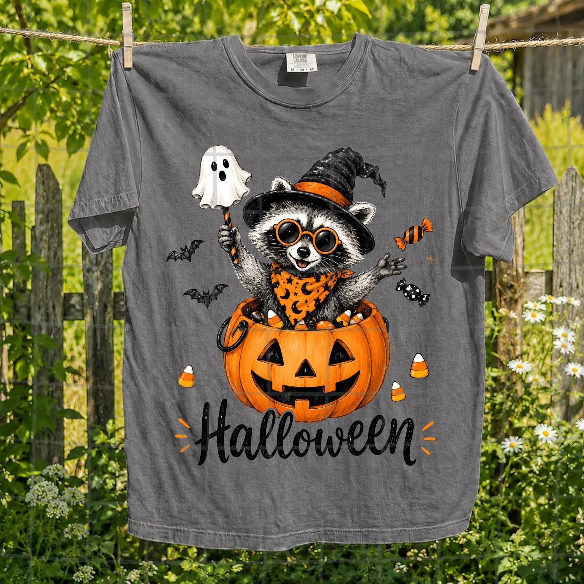Comfort Colors Halloween Raccoon Shirt, Cute Trash Panda Pumpkin Bucket Tee, Funny Spooky Fall Animal Womens Graphic Top - photo 2